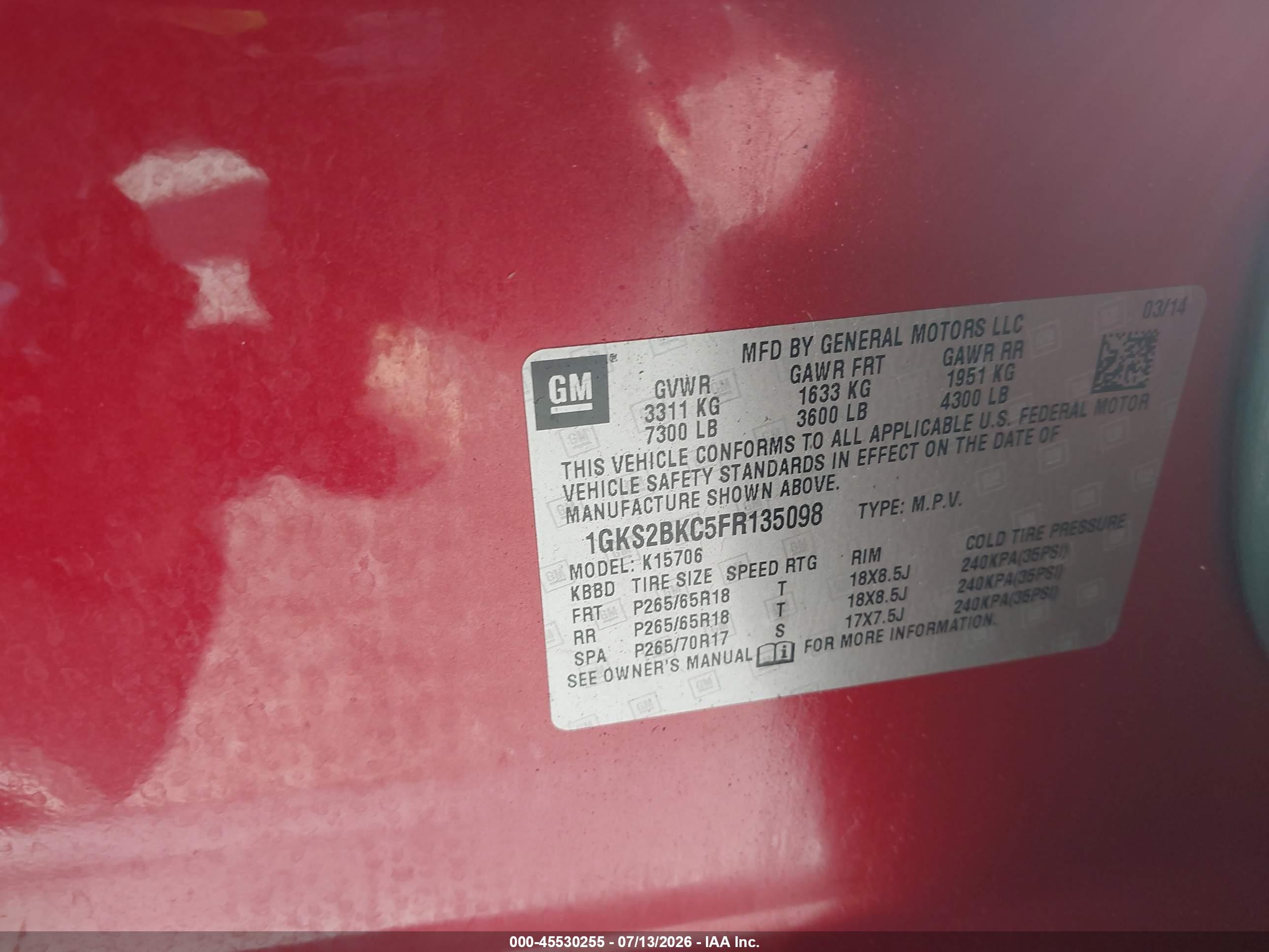 2015 Gmc Yukon Slt Red vin: 1GKS2BKC5FR135098