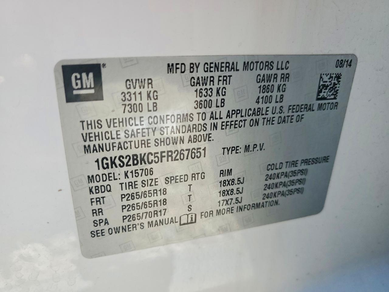 2015 Gmc Yukon Slt White vin: 1GKS2BKC5FR267651