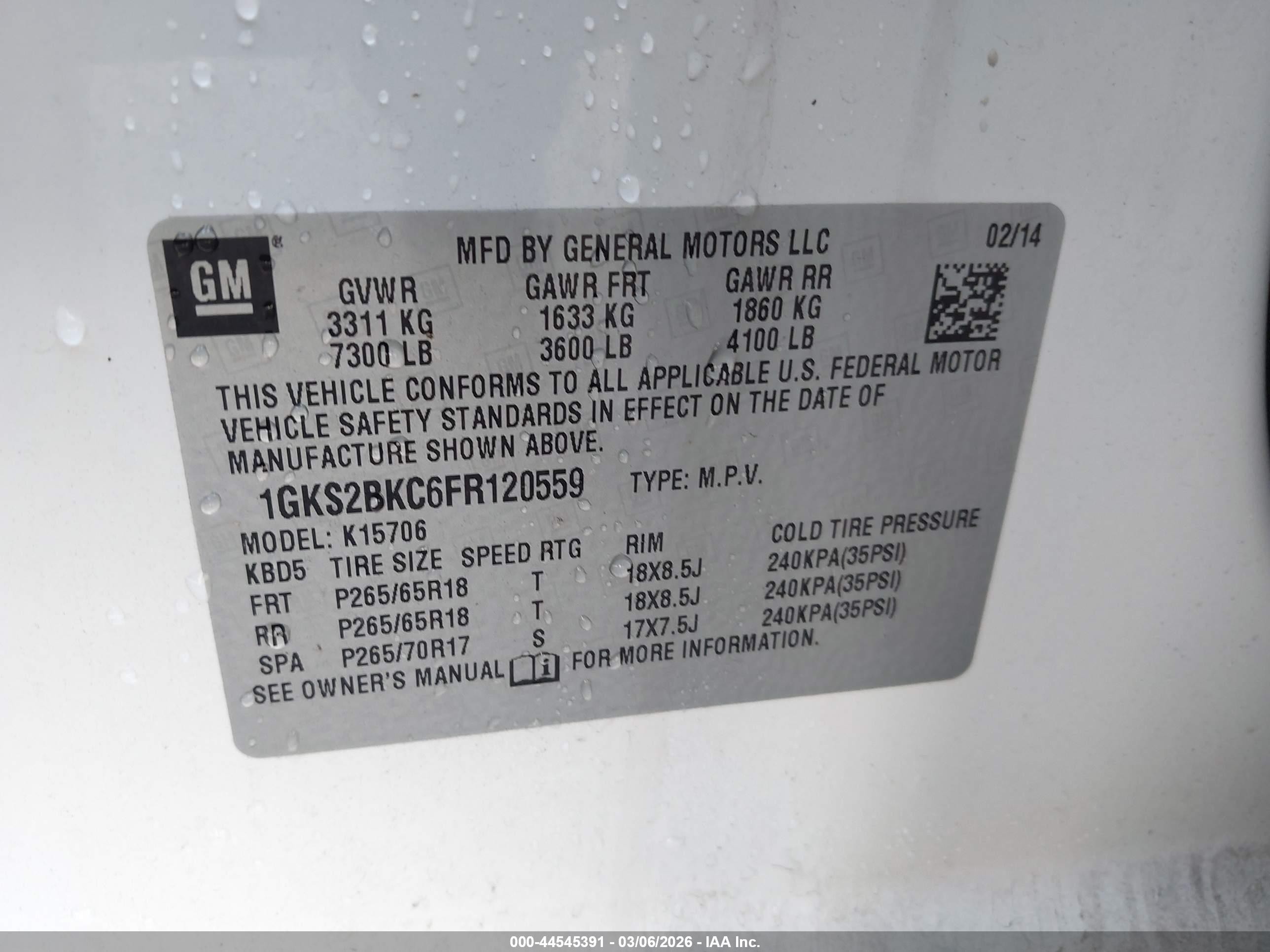 2015 Gmc Yukon Slt White vin: 1GKS2BKC6FR120559