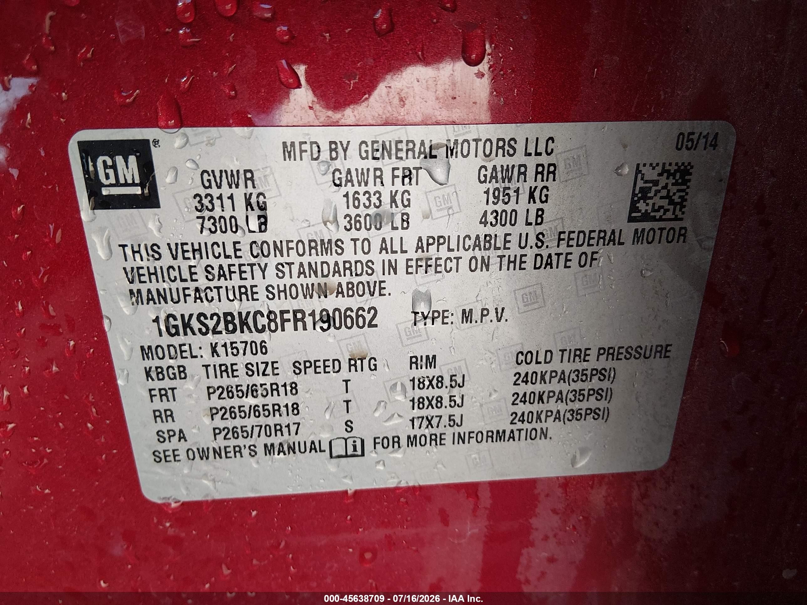 2015 Gmc Yukon Slt Red vin: 1GKS2BKC8FR190662
