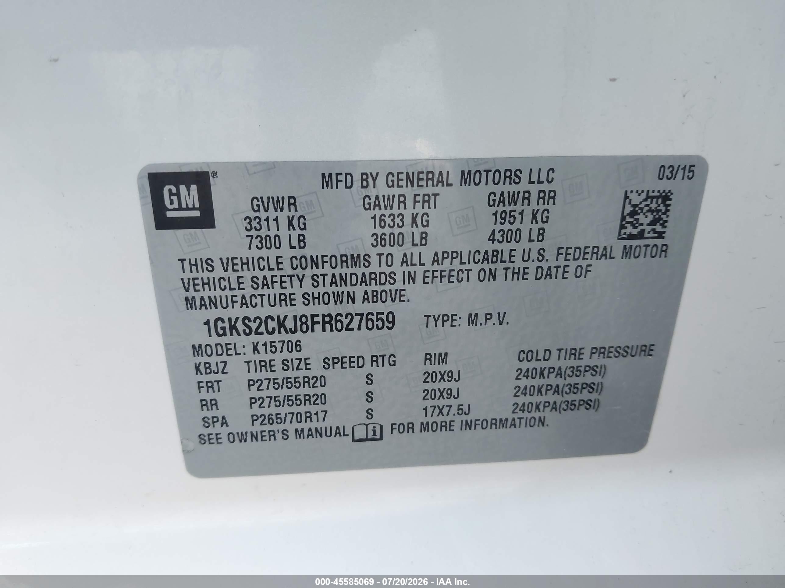 2015 Gmc Yukon Denali White vin: 1GKS2CKJ8FR627659