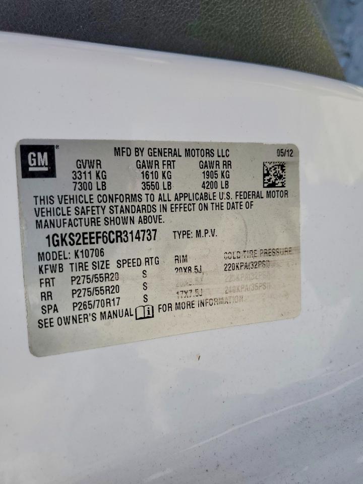 2012 Gmc Yukon Denali White vin: 1GKS2EEF6CR314737