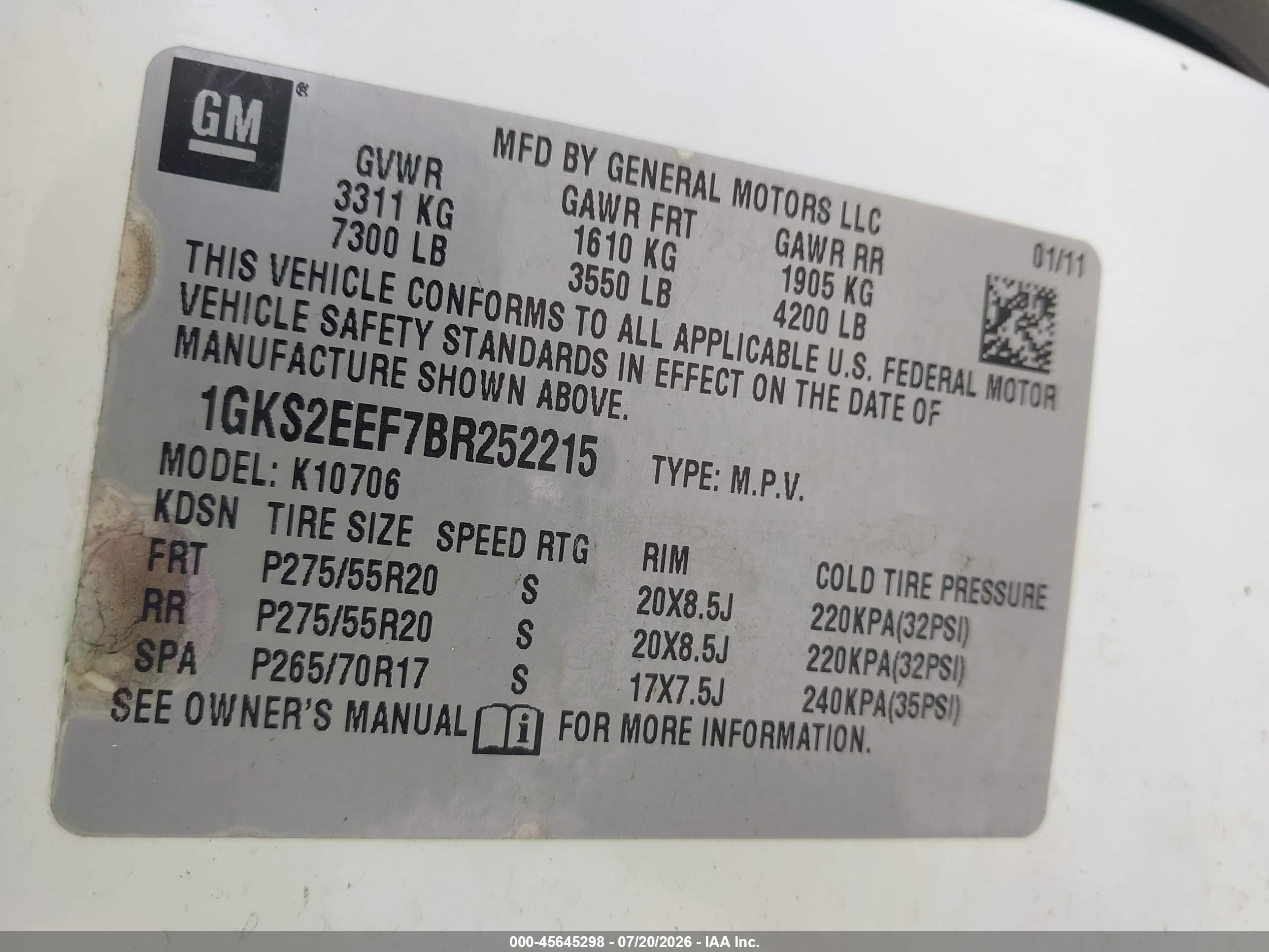 2011 Gmc Yukon Denali White vin: 1GKS2EEF7BR252215