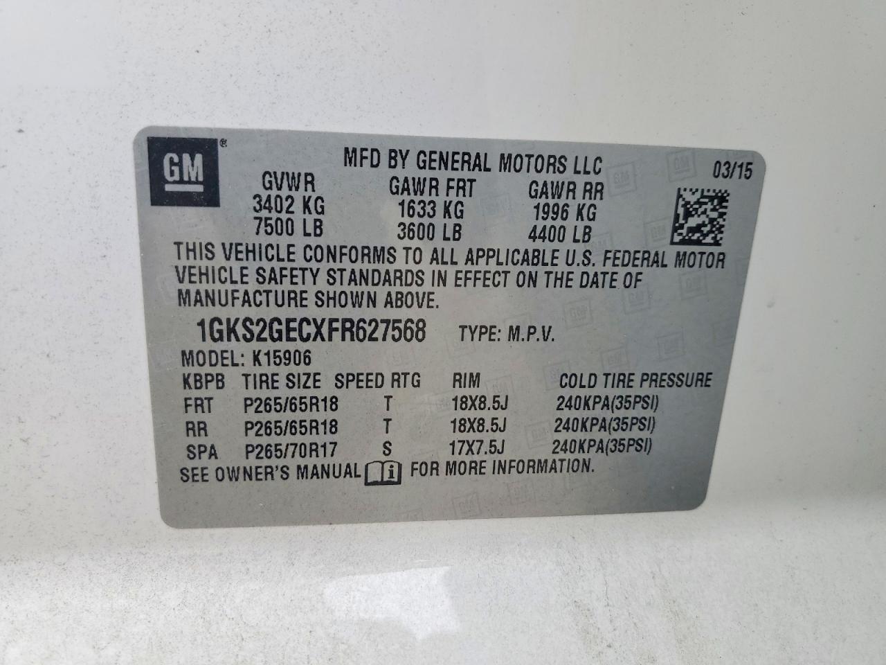 2015 Gmc Yukon Xl K1500 Sle White vin: 1GKS2GECXFR627568