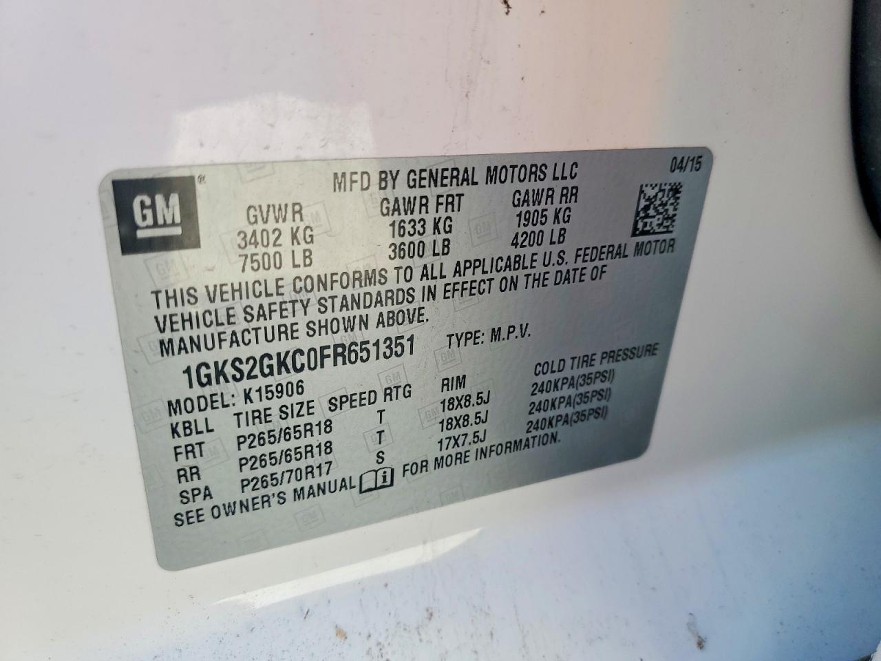 2015 Gmc Yukon Xl K1500 Sle Белый vin: 1GKS2GKC0FR651351