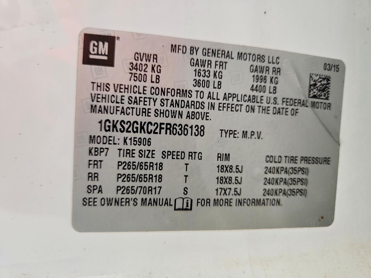 2015 Gmc Yukon Xl K1500 Sle White vin: 1GKS2GKC2FR636138