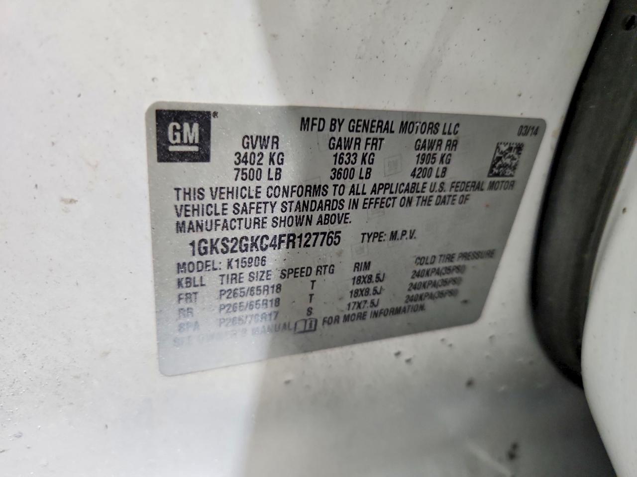 2015 Gmc Yukon Xl K1500 Sle White vin: 1GKS2GKC4FR127765
