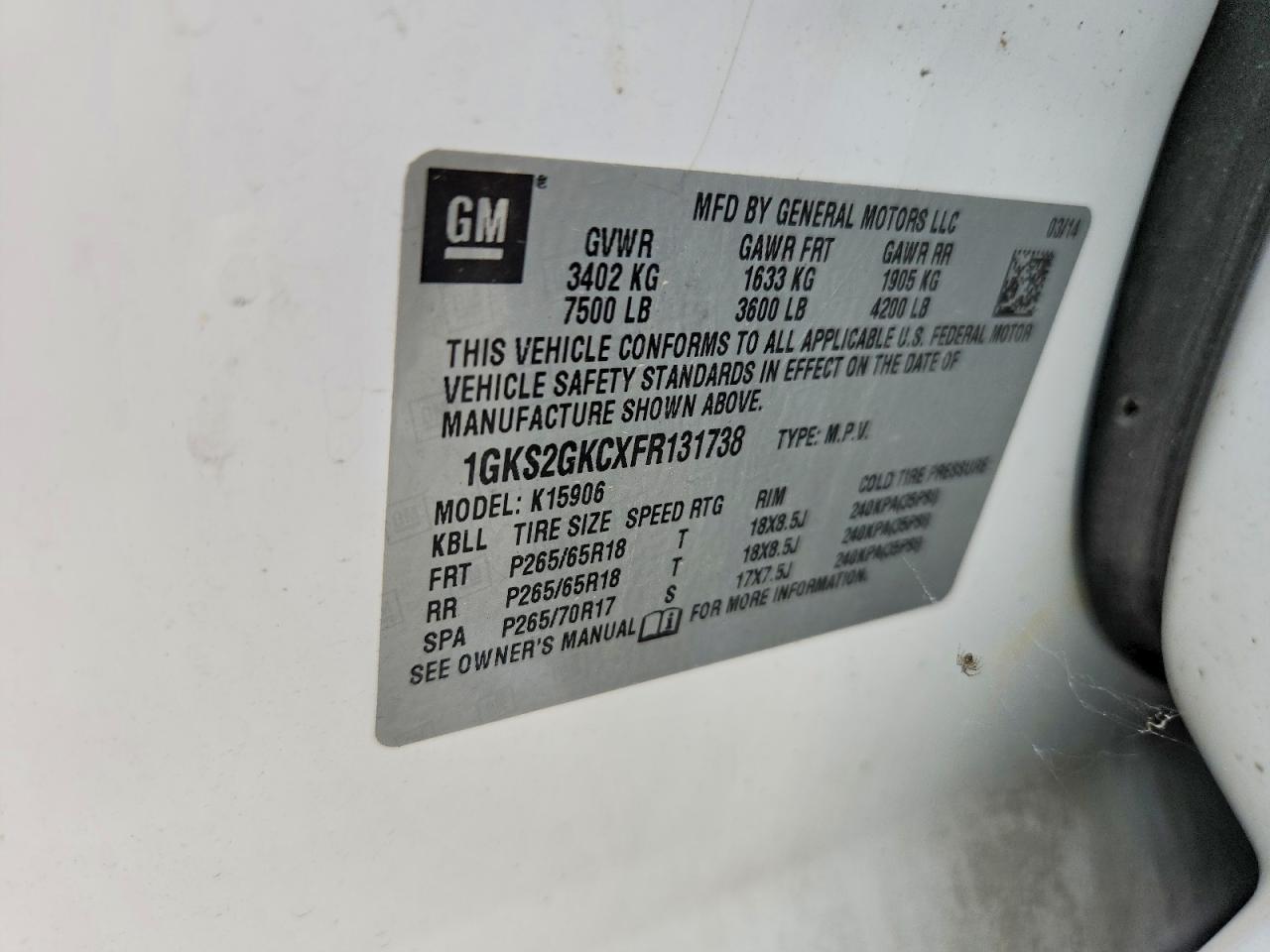 2015 Gmc Yukon Xl K1500 Sle White vin: 1GKS2GKCXFR131738