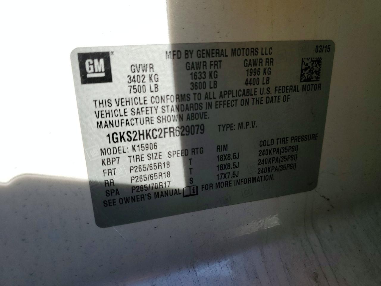 2015 Gmc Yukon Xl Белый vin: 1GKS2HKC2FR629079