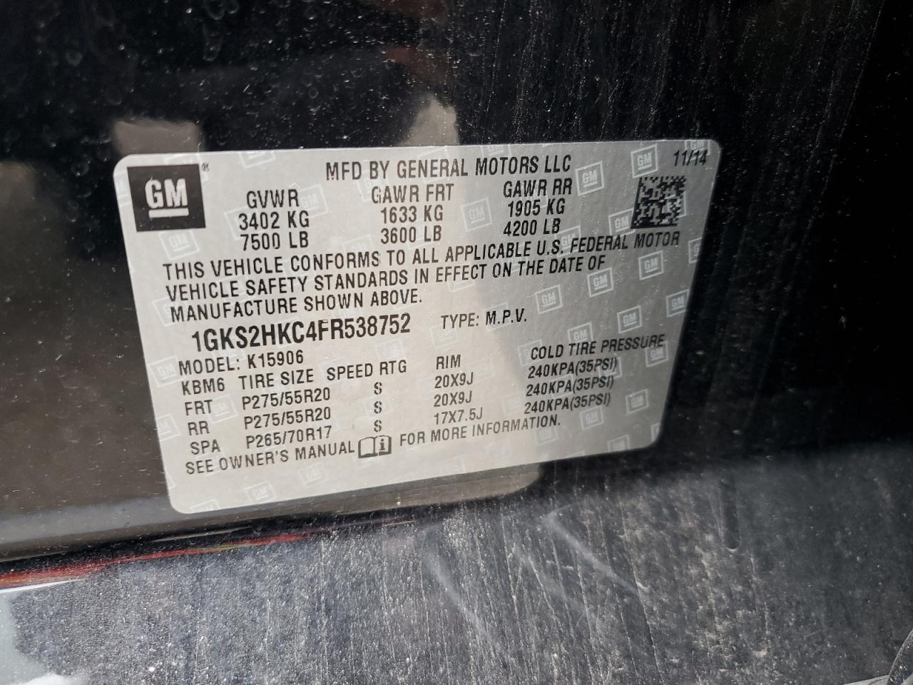 2015 Gmc Yukon Xl K1500 Slt Черный vin: 1GKS2HKC4FR538752