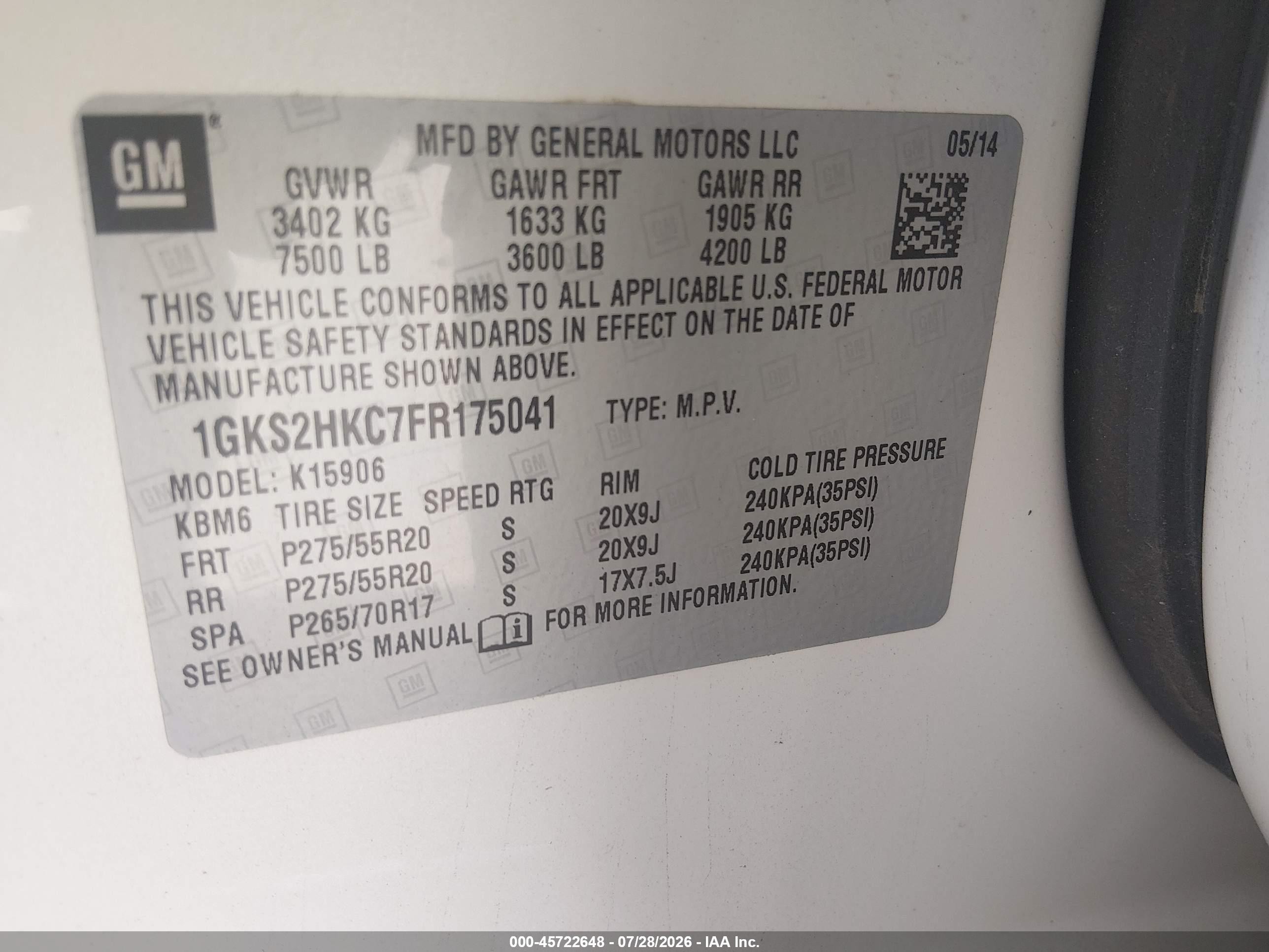 2015 Gmc Yukon Xl 1500 Slt White vin: 1GKS2HKC7FR175041