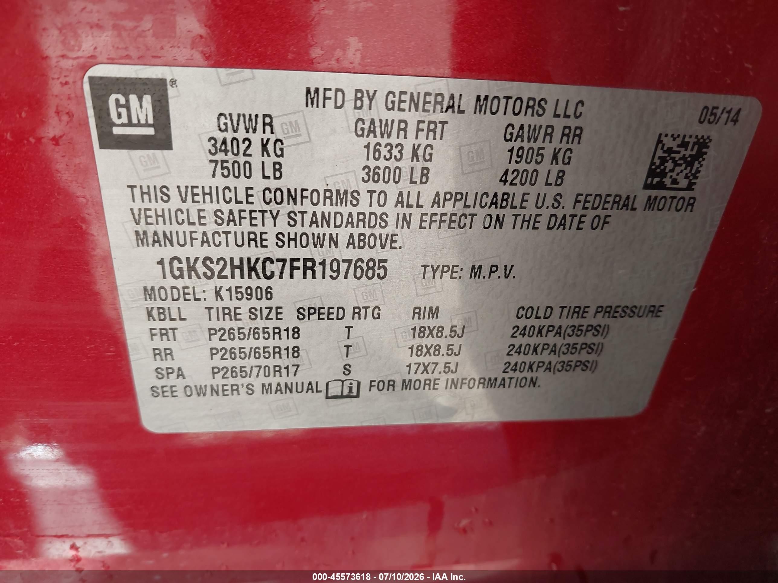 2015 Gmc Yukon Xl 1500 Slt Red vin: 1GKS2HKC7FR197685