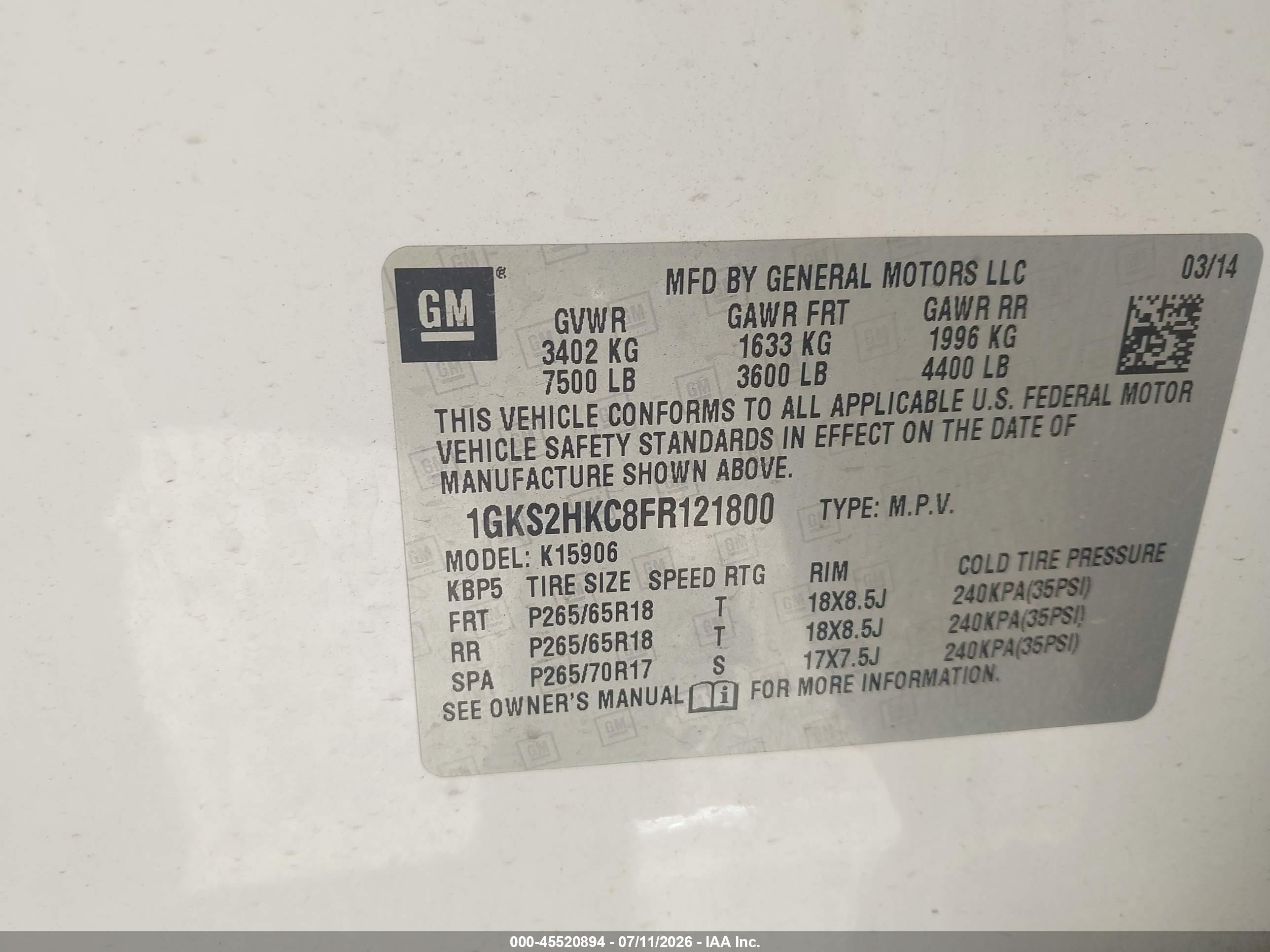 2015 Gmc Yukon Xl 1500 Slt White vin: 1GKS2HKC8FR121800
