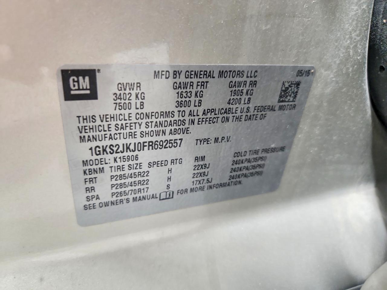 2015 Gmc Yukon Xl Denali Tan vin: 1GKS2JKJ0FR692557