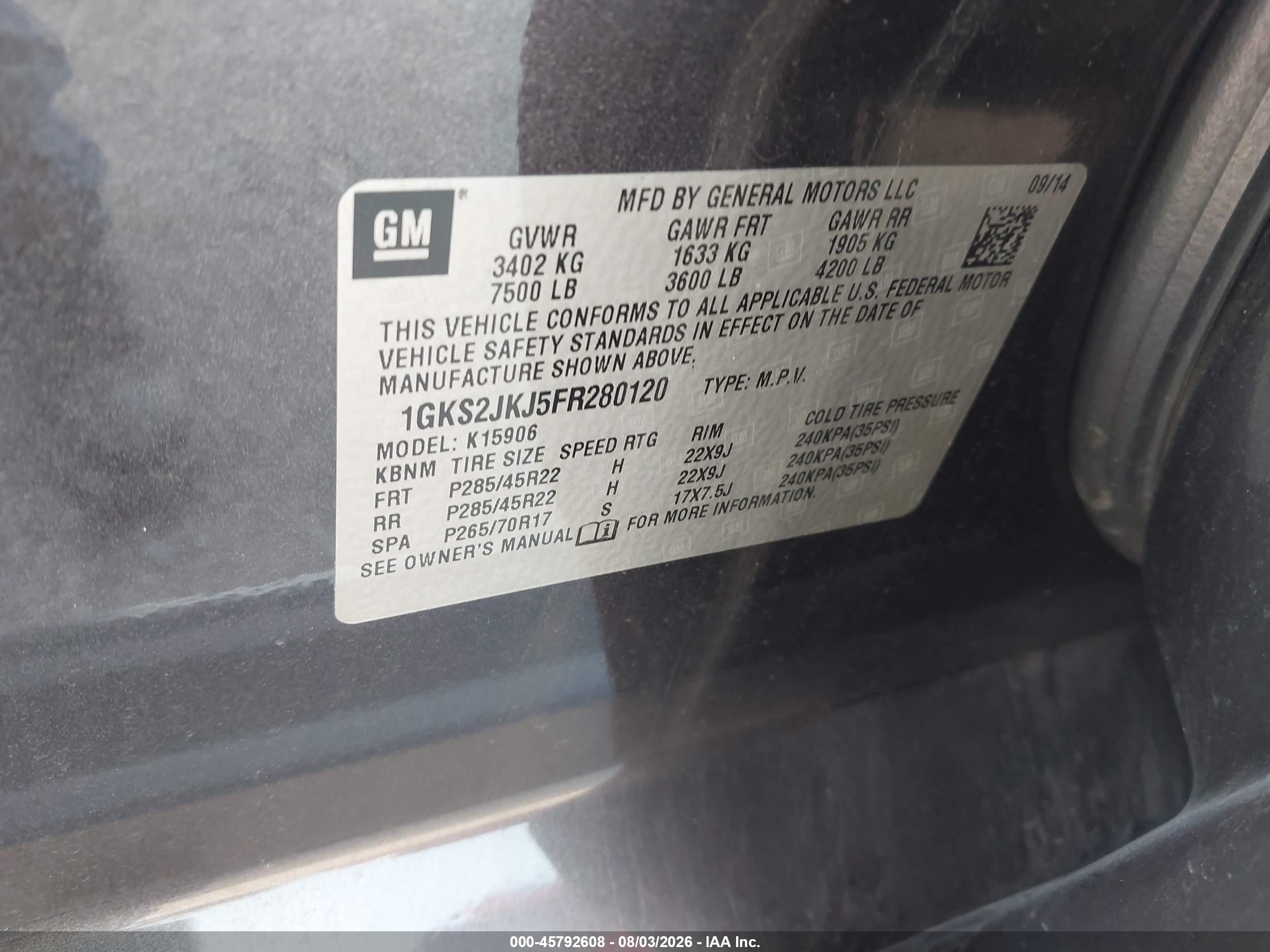 2015 Gmc Yukon Xl 1500 Denali Black vin: 1GKS2JKJ5FR280120