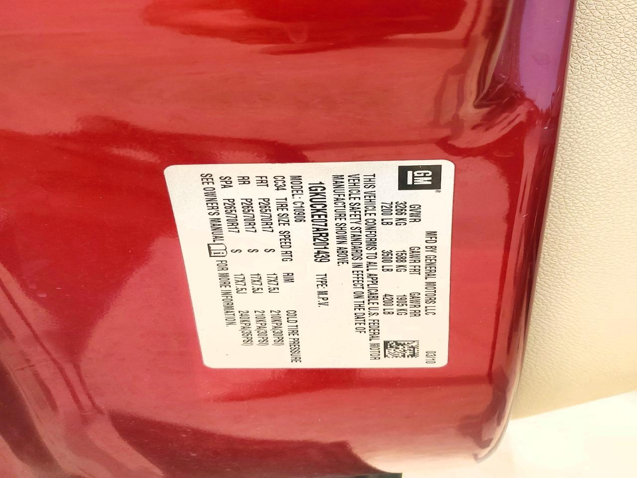 2010 Gmc Yukon Xl C1500 Slt Burgundy vin: 1GKUCKE07AR201439