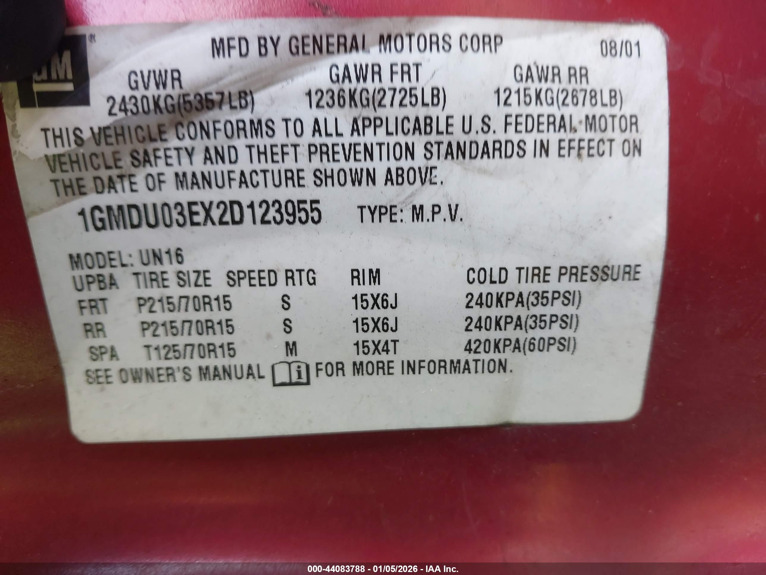 2002 Pontiac Montana N16 Burgundy vin: 1GMDU03EX2D123955