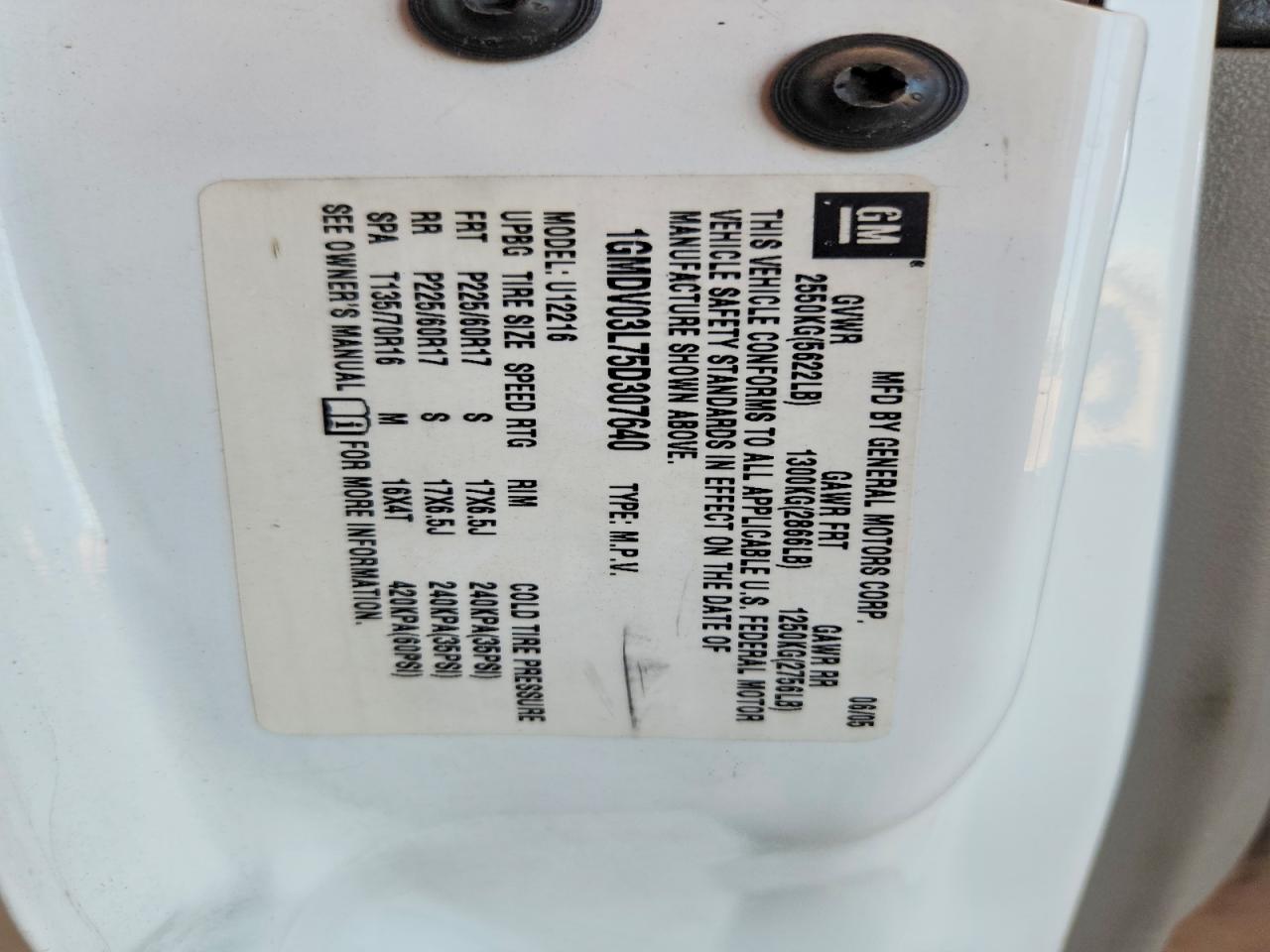 2005 Pontiac Montana Sv6 White vin: 1GMDV03L75D307640