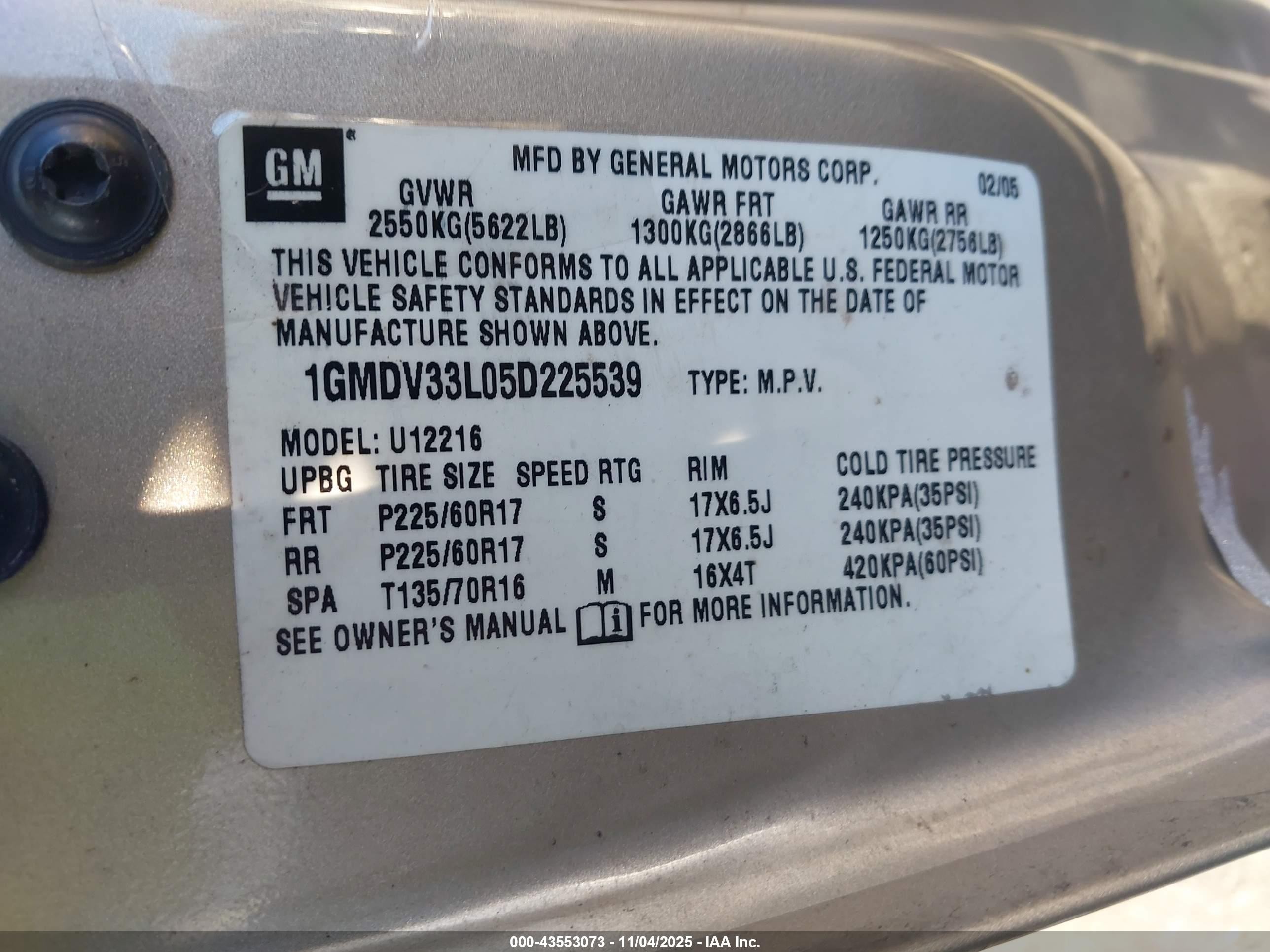 2005 Pontiac Montana Sv6 Fwd Gold vin: 1GMDV33L05D225539
