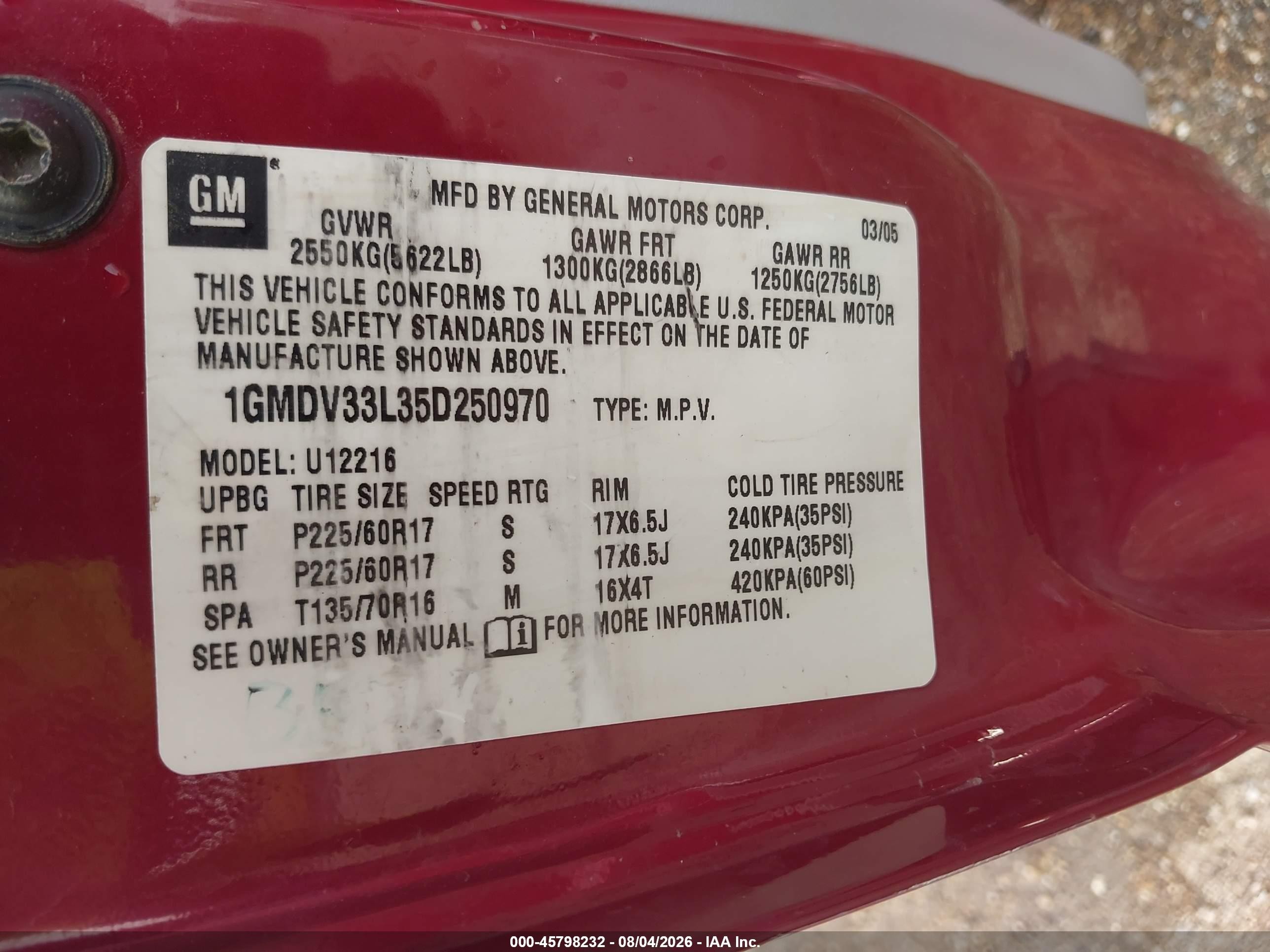 2005 Pontiac Montana Sv6 Fwd Maroon vin: 1GMDV33L35D250970