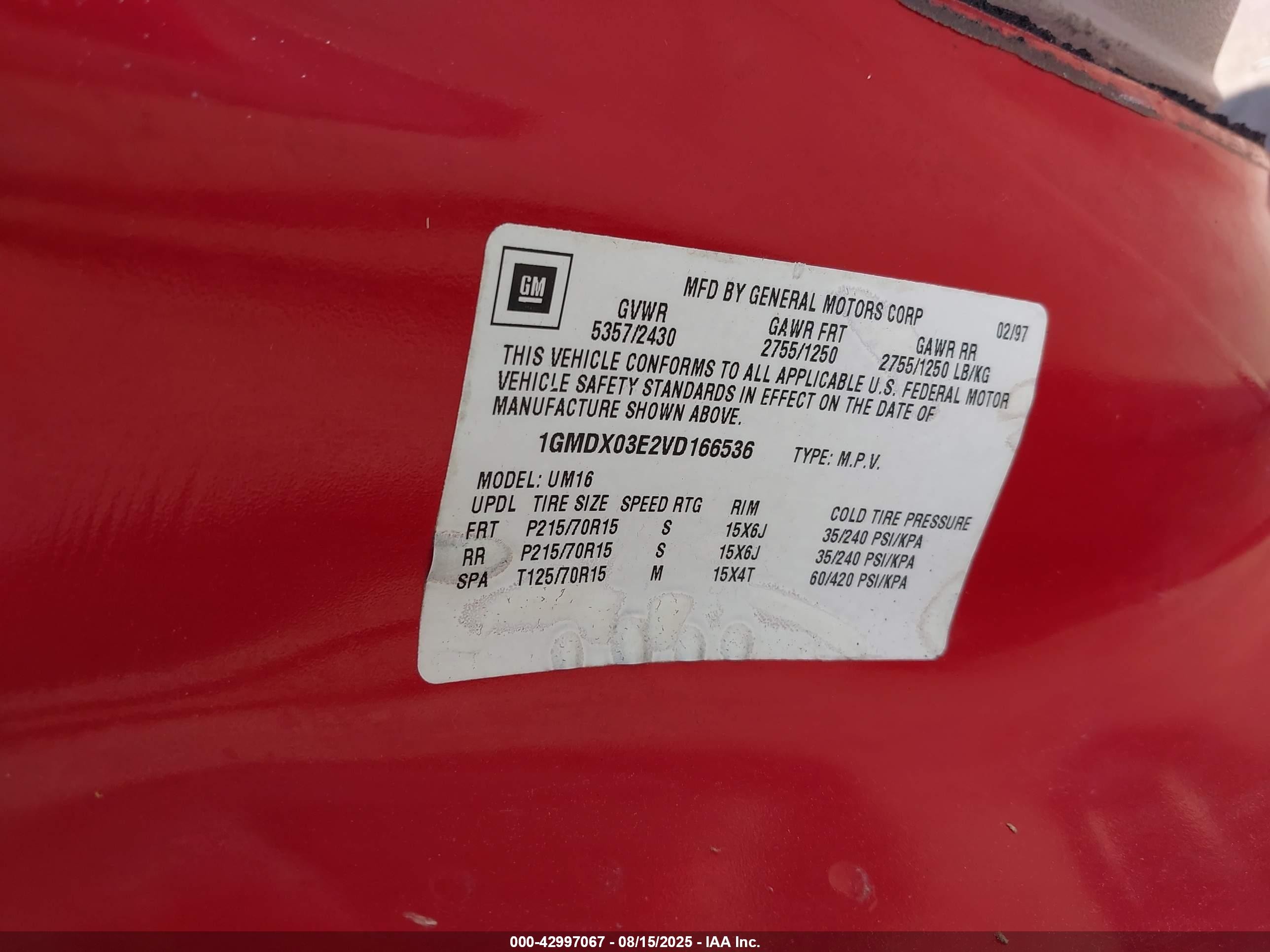 1997 Pontiac Trans Sport   Red vin: 1GMDX03E2VD166536