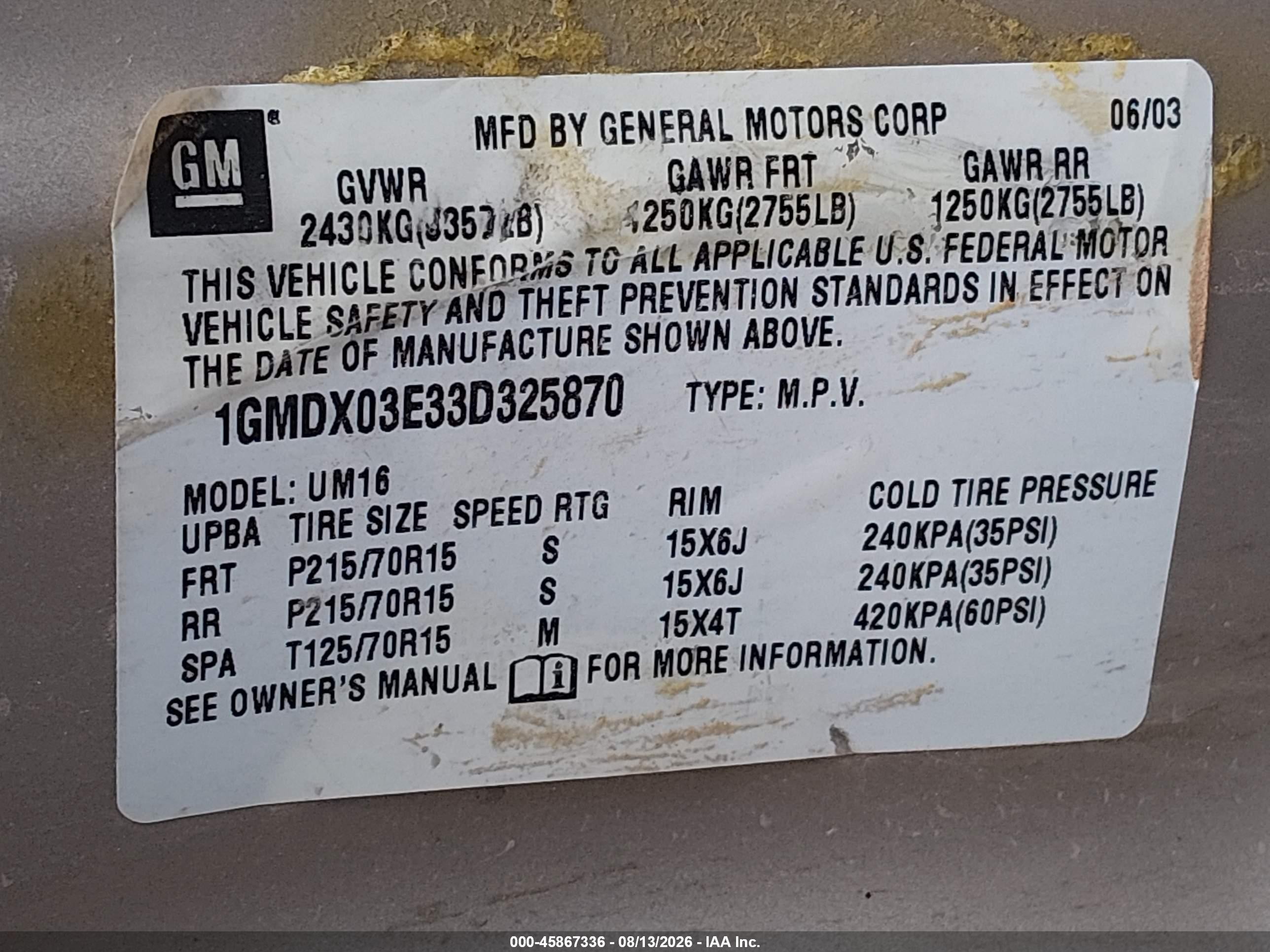 2003 Pontiac Montana M16 W/1sa Pkg. Brown vin: 1GMDX03E33D325870