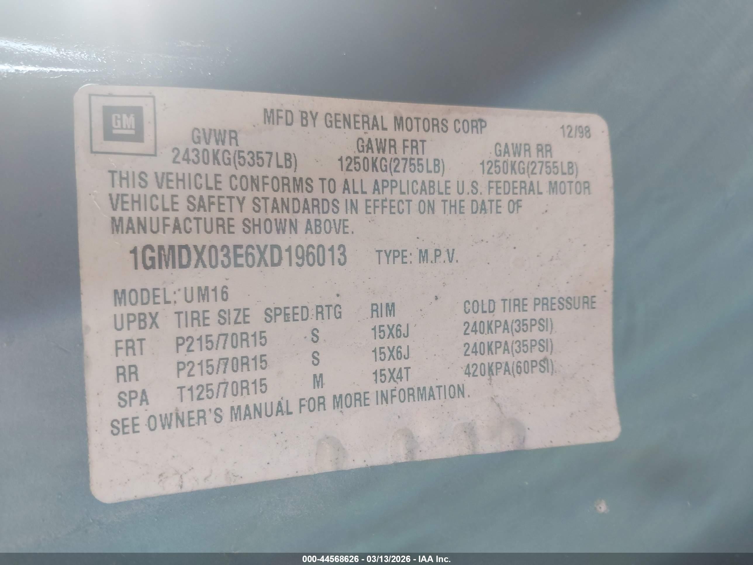 1999 Pontiac Montana   Blue vin: 1GMDX03E6XD196013