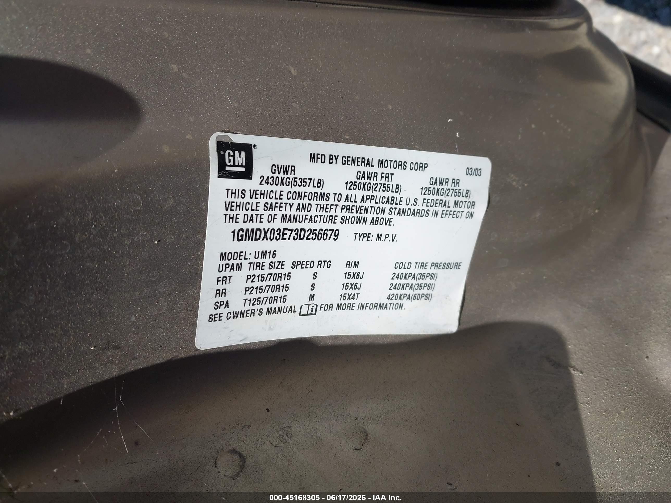 2003 Pontiac Montana M16 W/1sa Pkg. Tan vin: 1GMDX03E73D256679