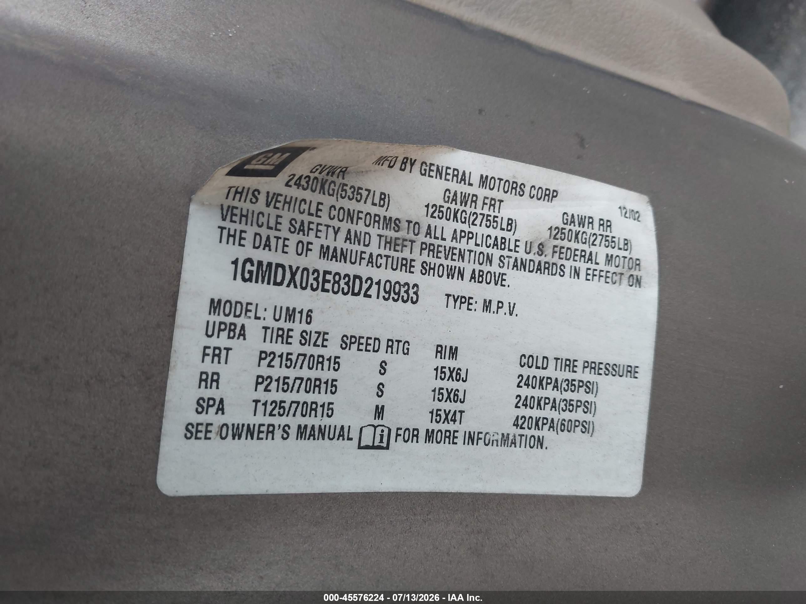 2003 Pontiac Montana M16 W/1sa Pkg. Серый vin: 1GMDX03E83D219933