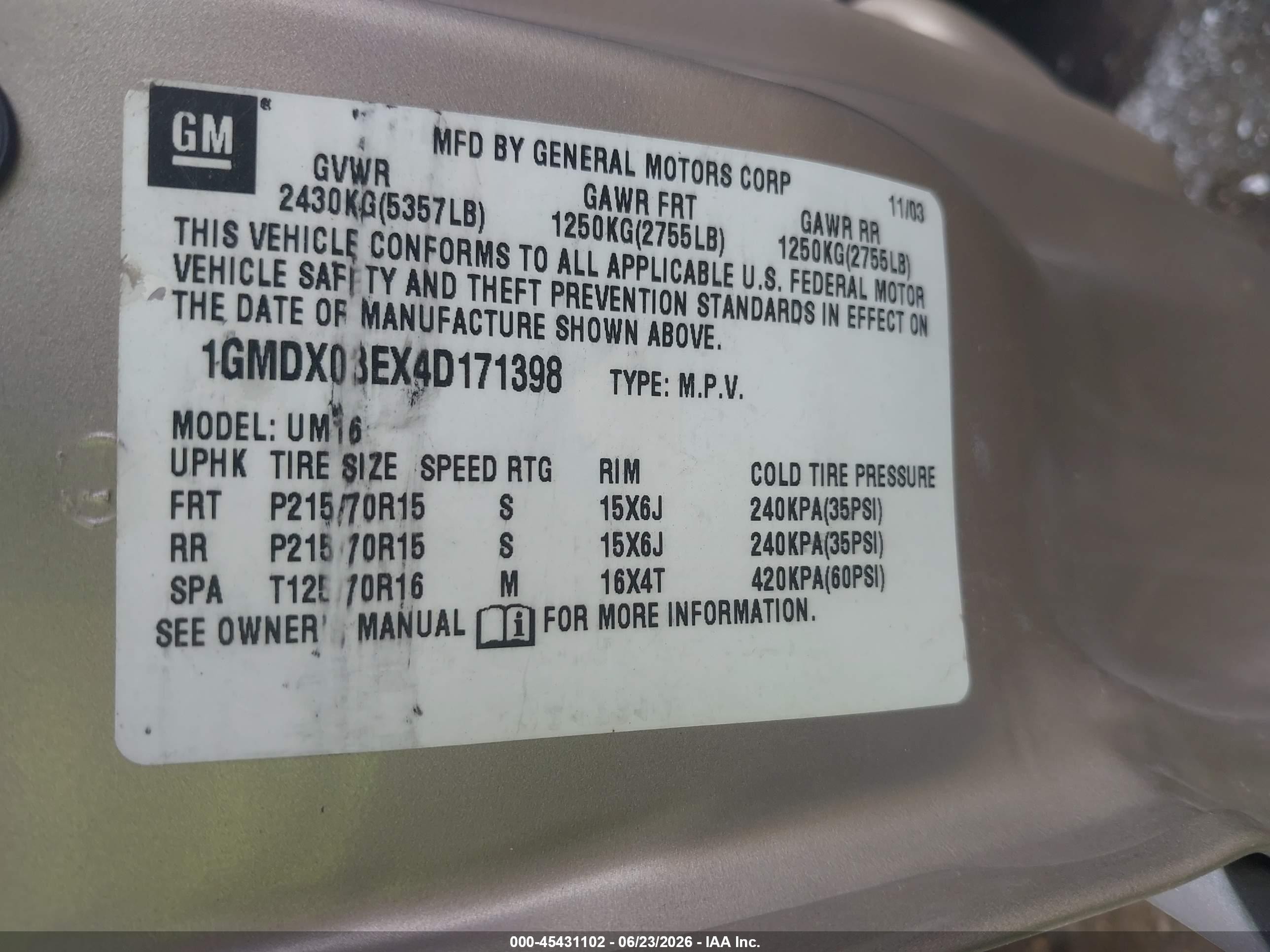 2004 Pontiac Montana M16 W/1sa Pkg. Champagne vin: 1GMDX03EX4D171398