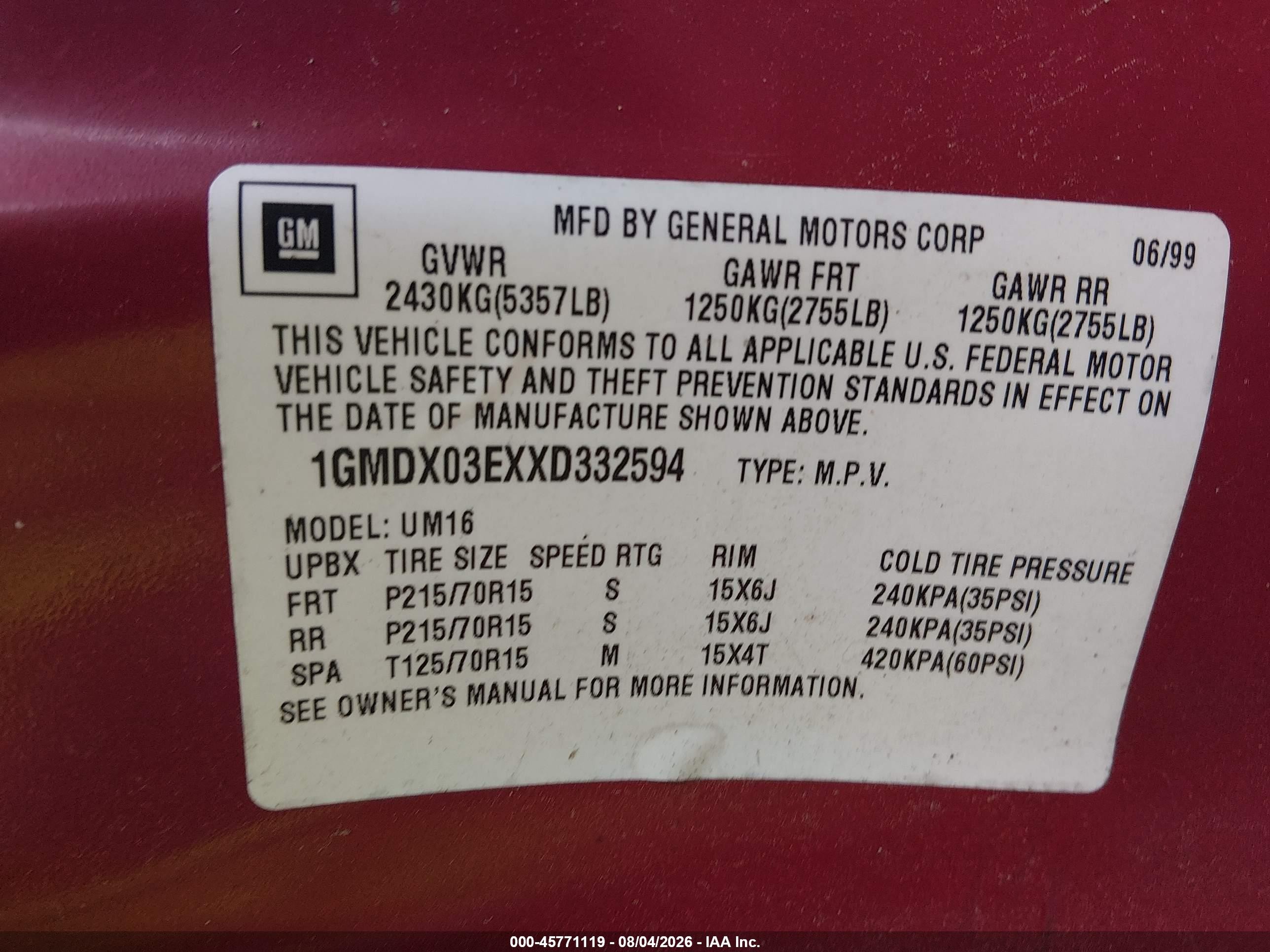 1999 Pontiac Montana   Red vin: 1GMDX03EXXD332594