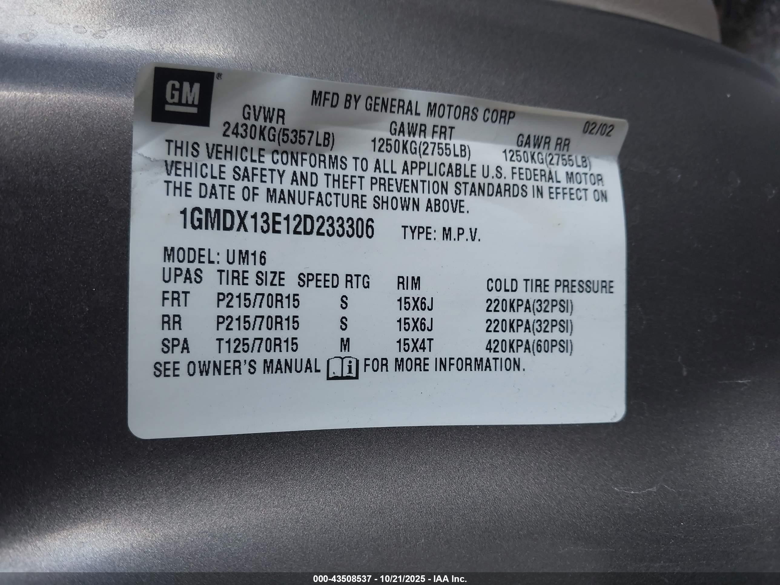 2002 Pontiac Montana M16 W/1se Pkg. Gray vin: 1GMDX13E12D233306