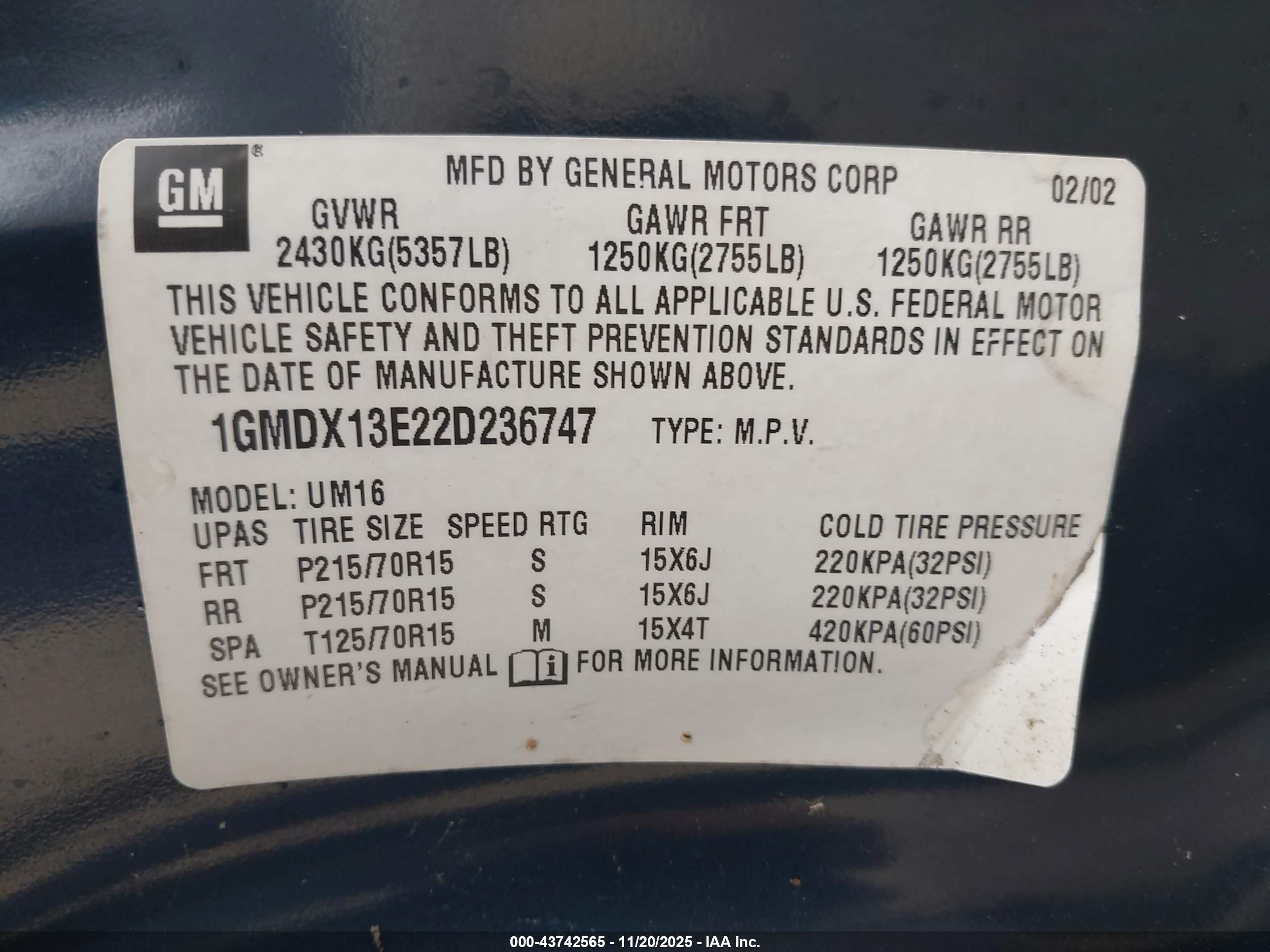 2002 Pontiac Montana M16 W/1se Pkg. Синий vin: 1GMDX13E22D236747