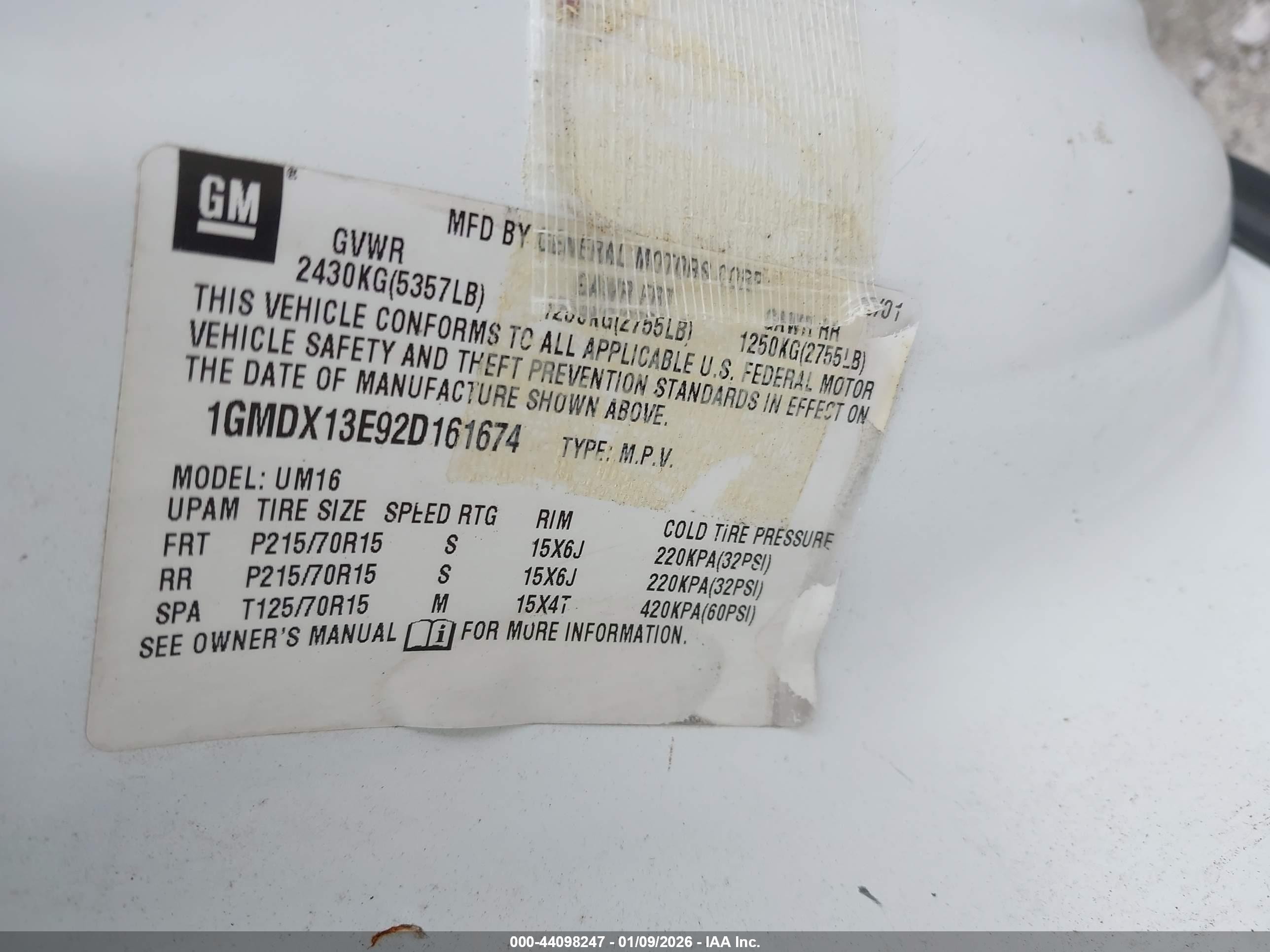 2002 Pontiac Montana M16 W/1se Pkg. White vin: 1GMDX13E92D161674