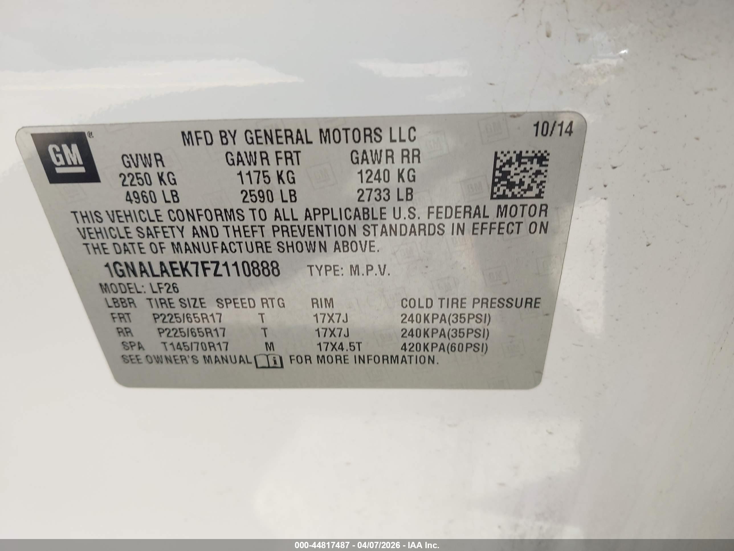 2015 Chevrolet Equinox Ls White vin: 1GNALAEK7FZ110888