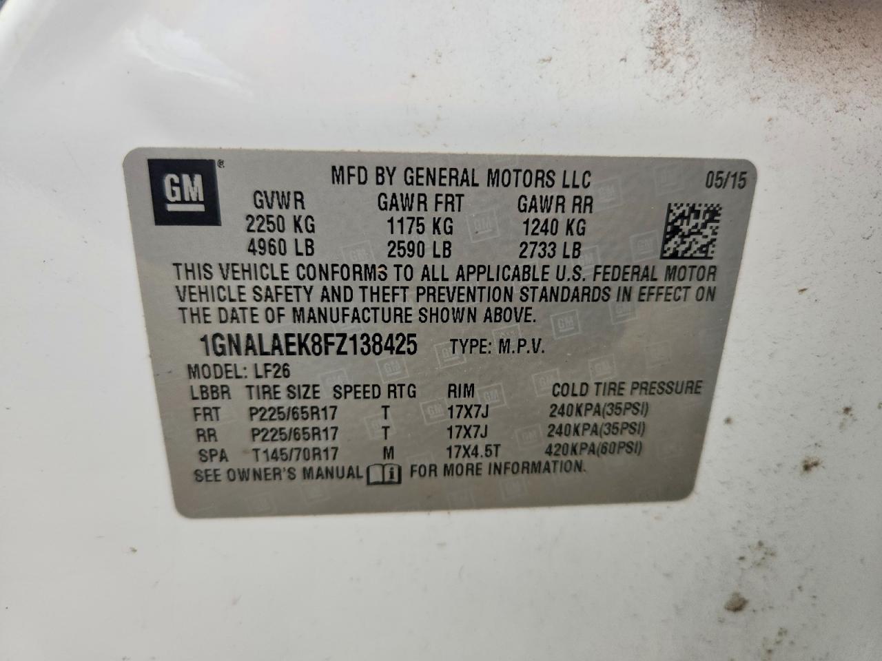 2015 Chevrolet Equnoix White vin: 1GNALAEK8FZ138425