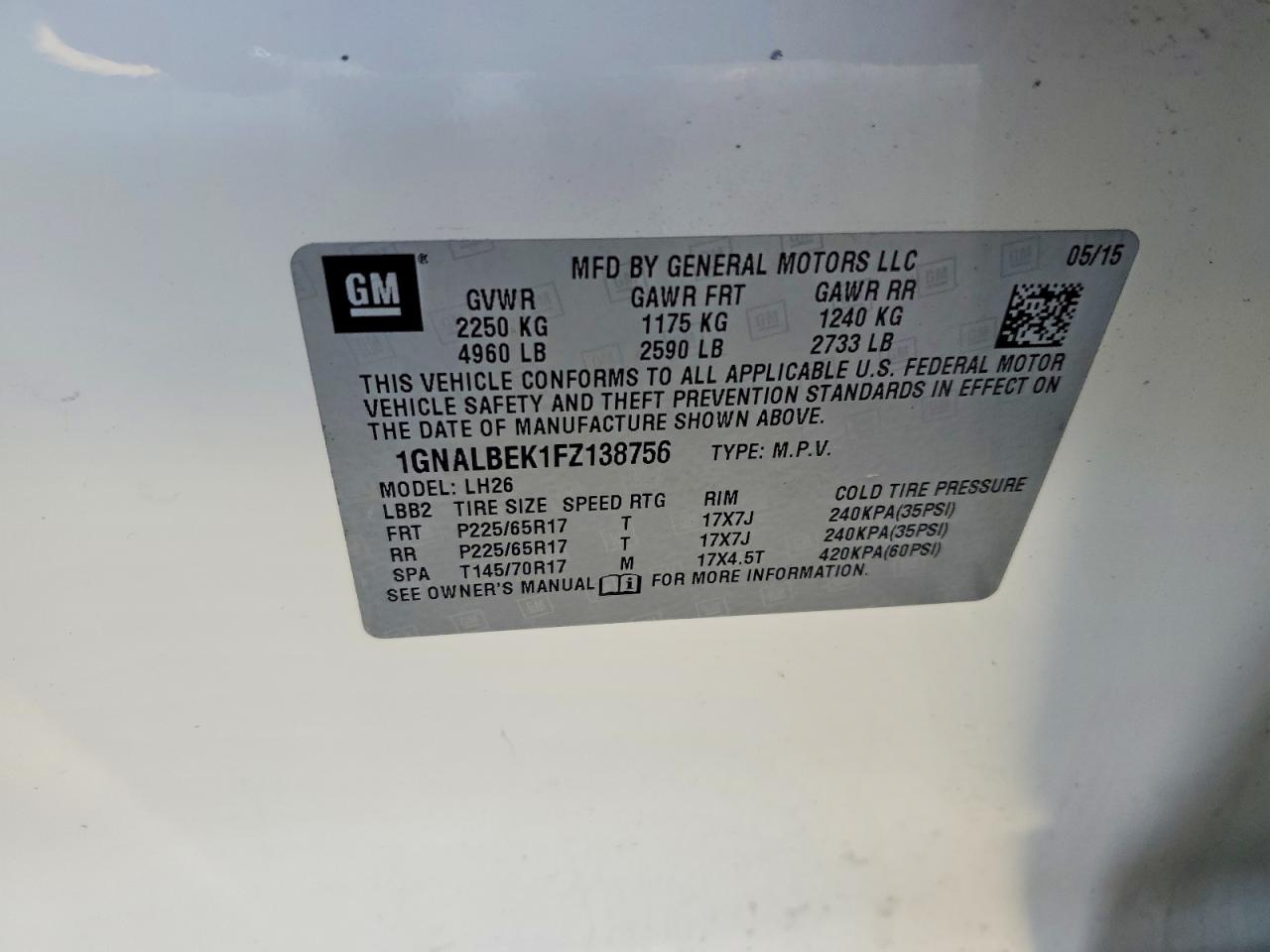 2015 Chev Equinox White vin: 1GNALBEK1FZ138756
