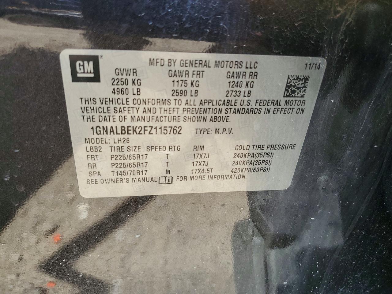 2015 Chevrolet Equinox Lt Угольный vin: 1GNALBEK2FZ115762
