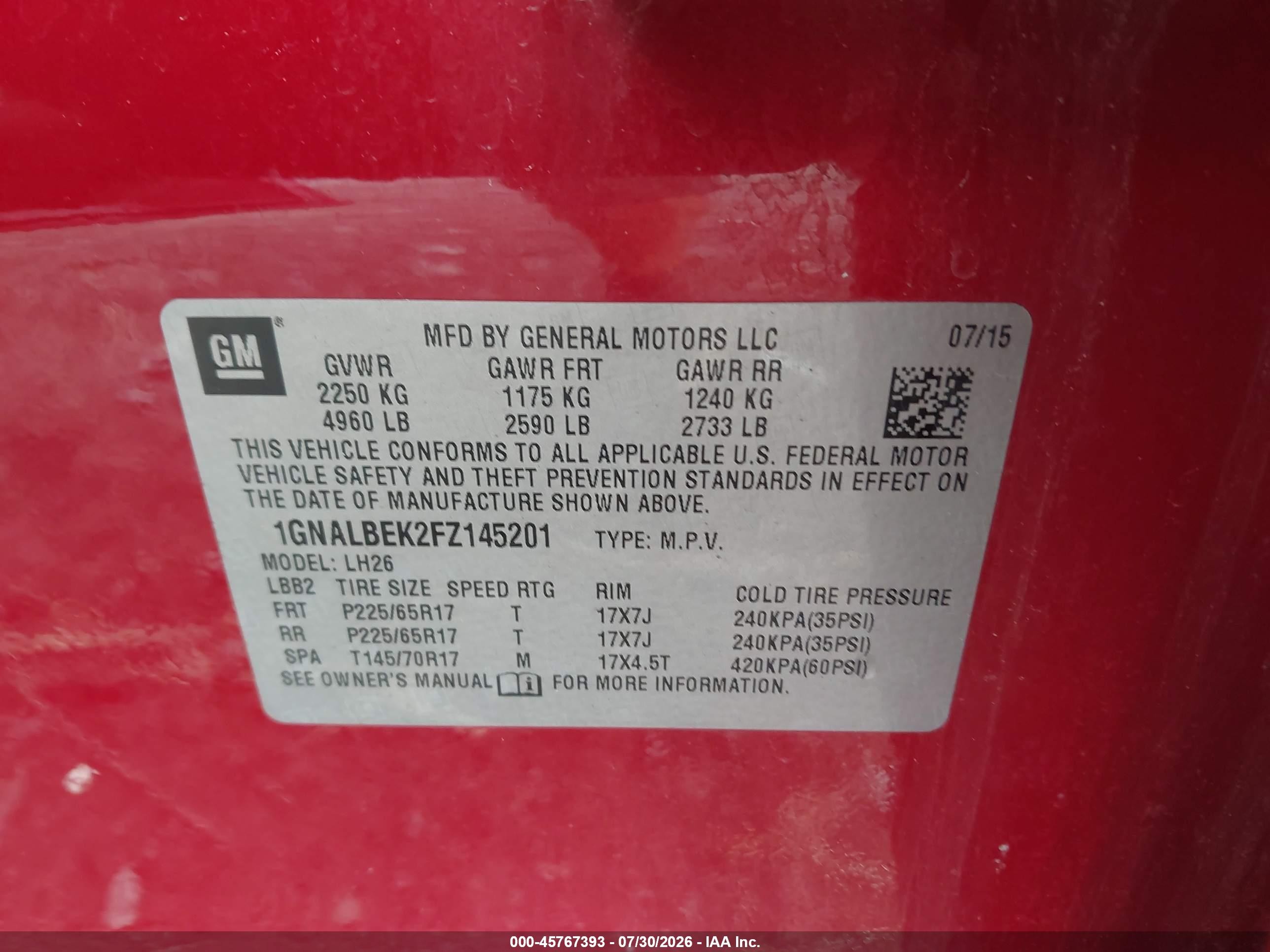 2015 Chevrolet Equinox Lt Red vin: 1GNALBEK2FZ145201