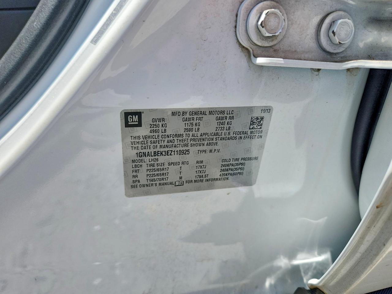 2014 Chevrolet Equinox Lt White vin: 1GNALBEK3EZ110925