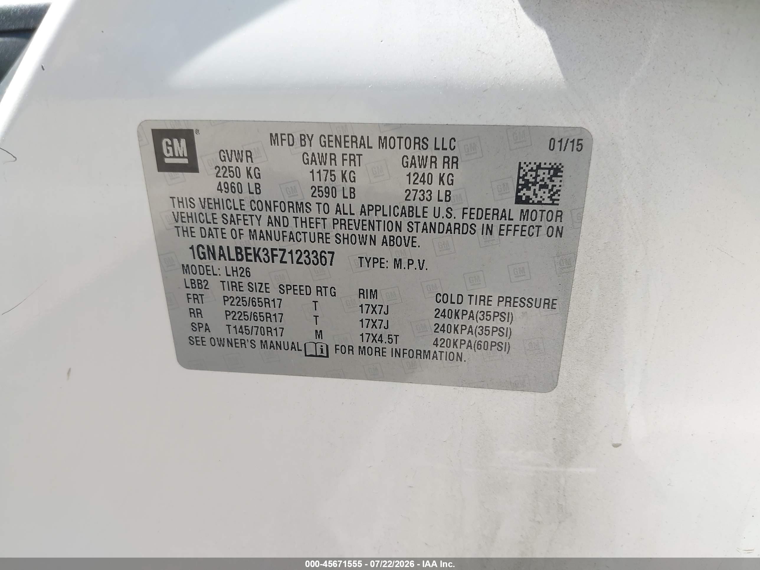 2015 Chevrolet Equinox Lt White vin: 1GNALBEK3FZ123367