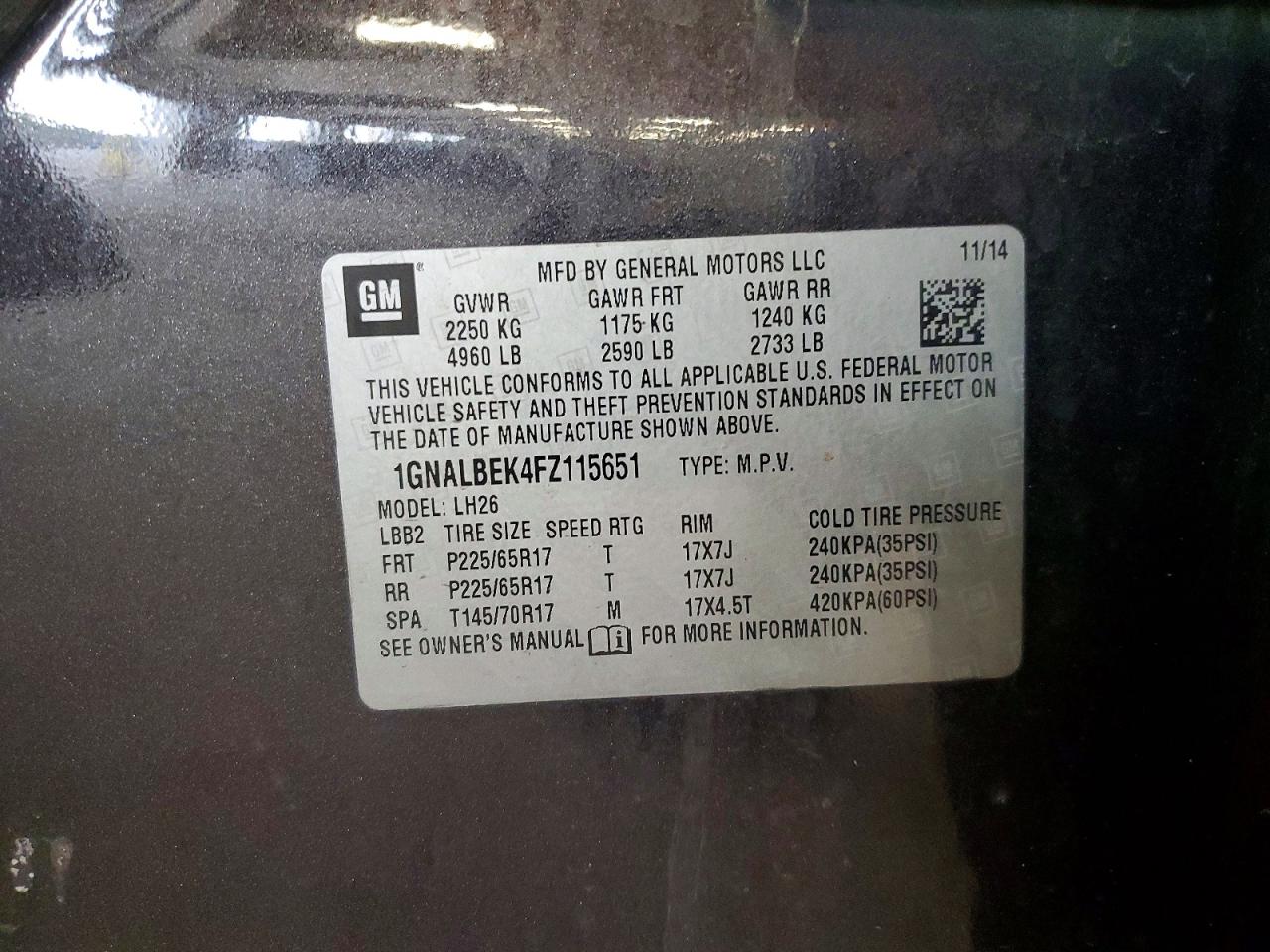2015 Chevrolet Equinox Lt Gray vin: 1GNALBEK4FZ115651