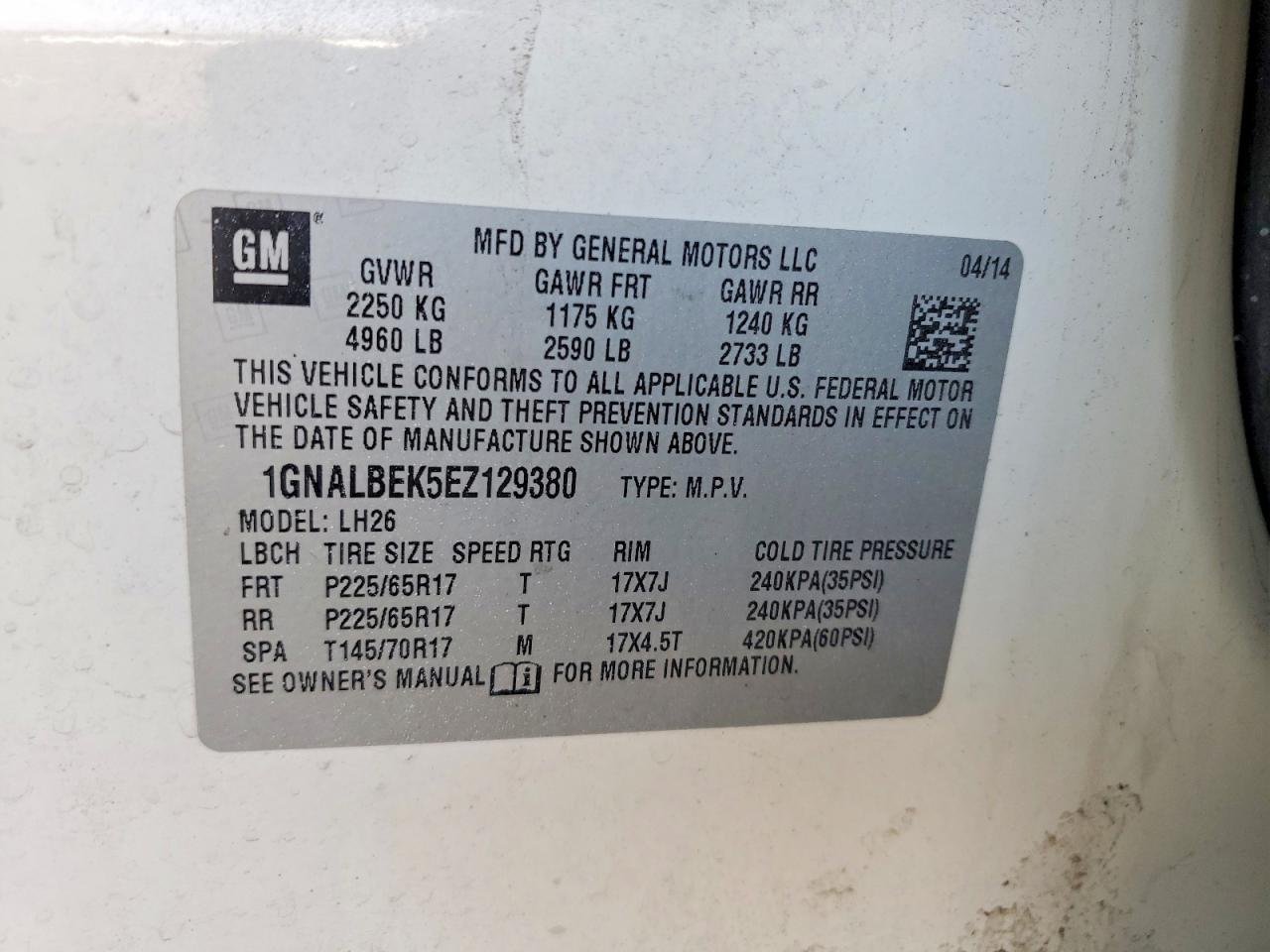 2014 Chevrolet Equinox Lt Белый vin: 1GNALBEK5EZ129380