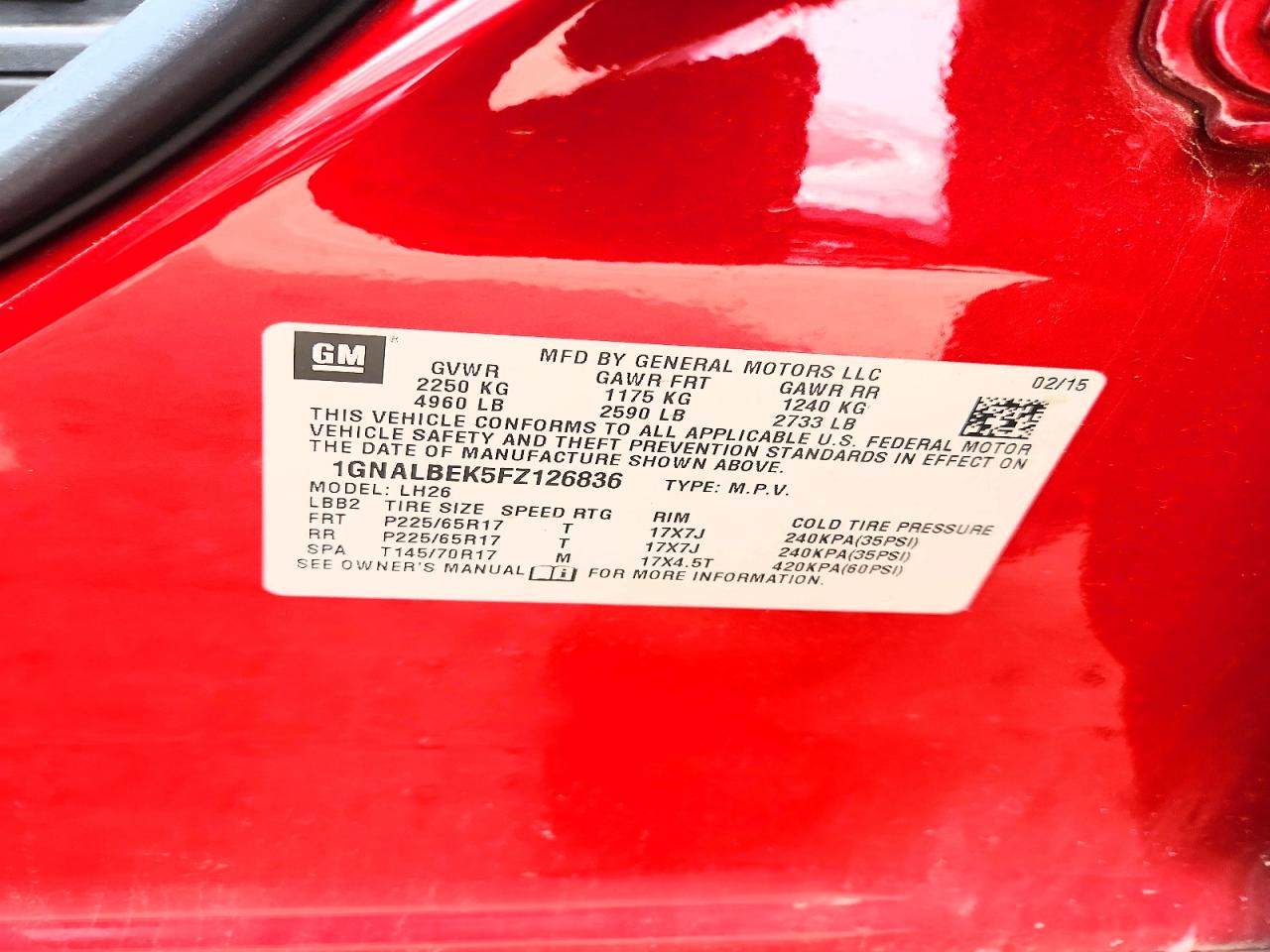 2015 Chevrolet Equinox Lt Burgundy vin: 1GNALBEK5FZ126836