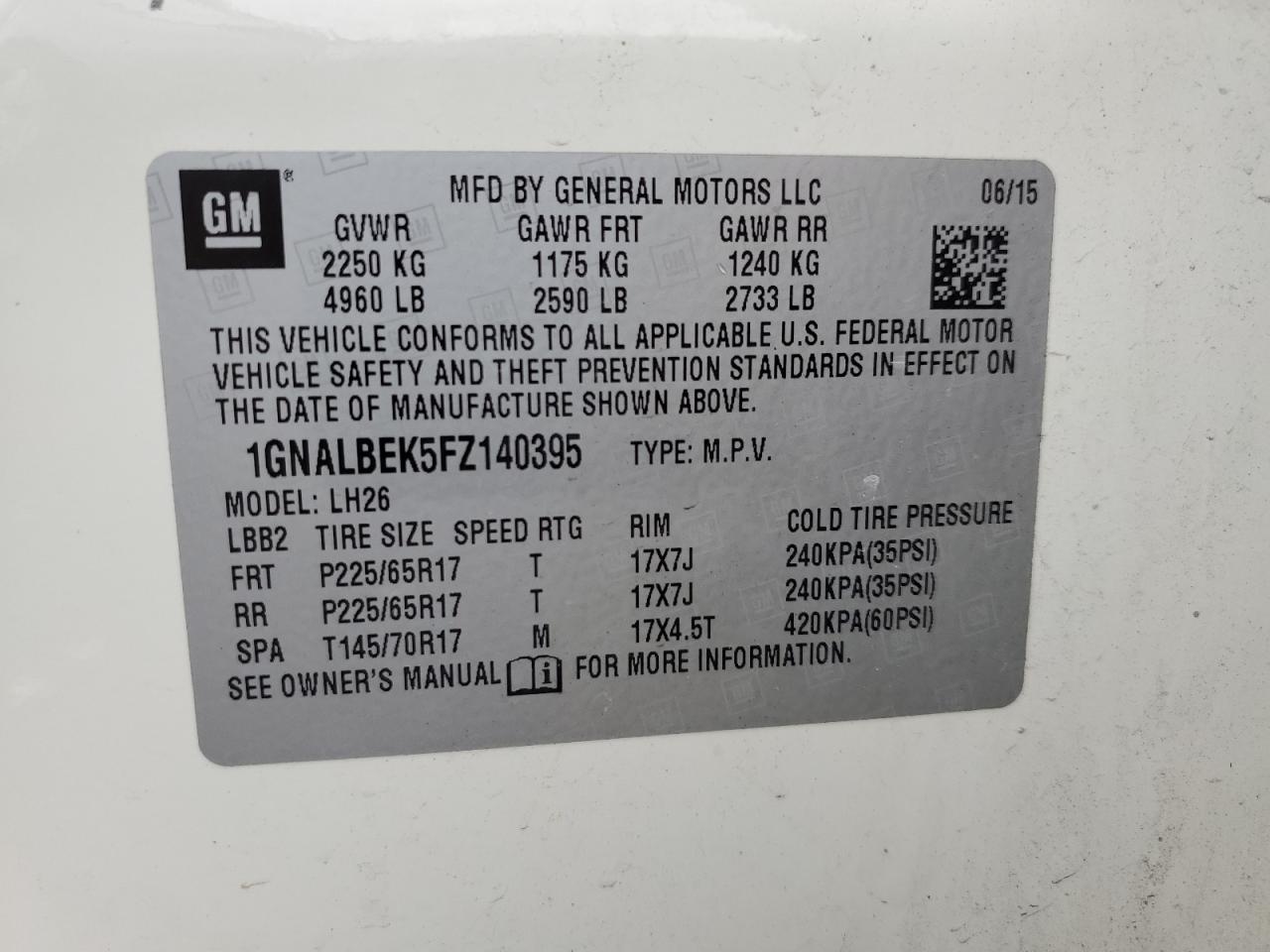 2015 Chevrolet Equinox Lt White vin: 1GNALBEK5FZ140395
