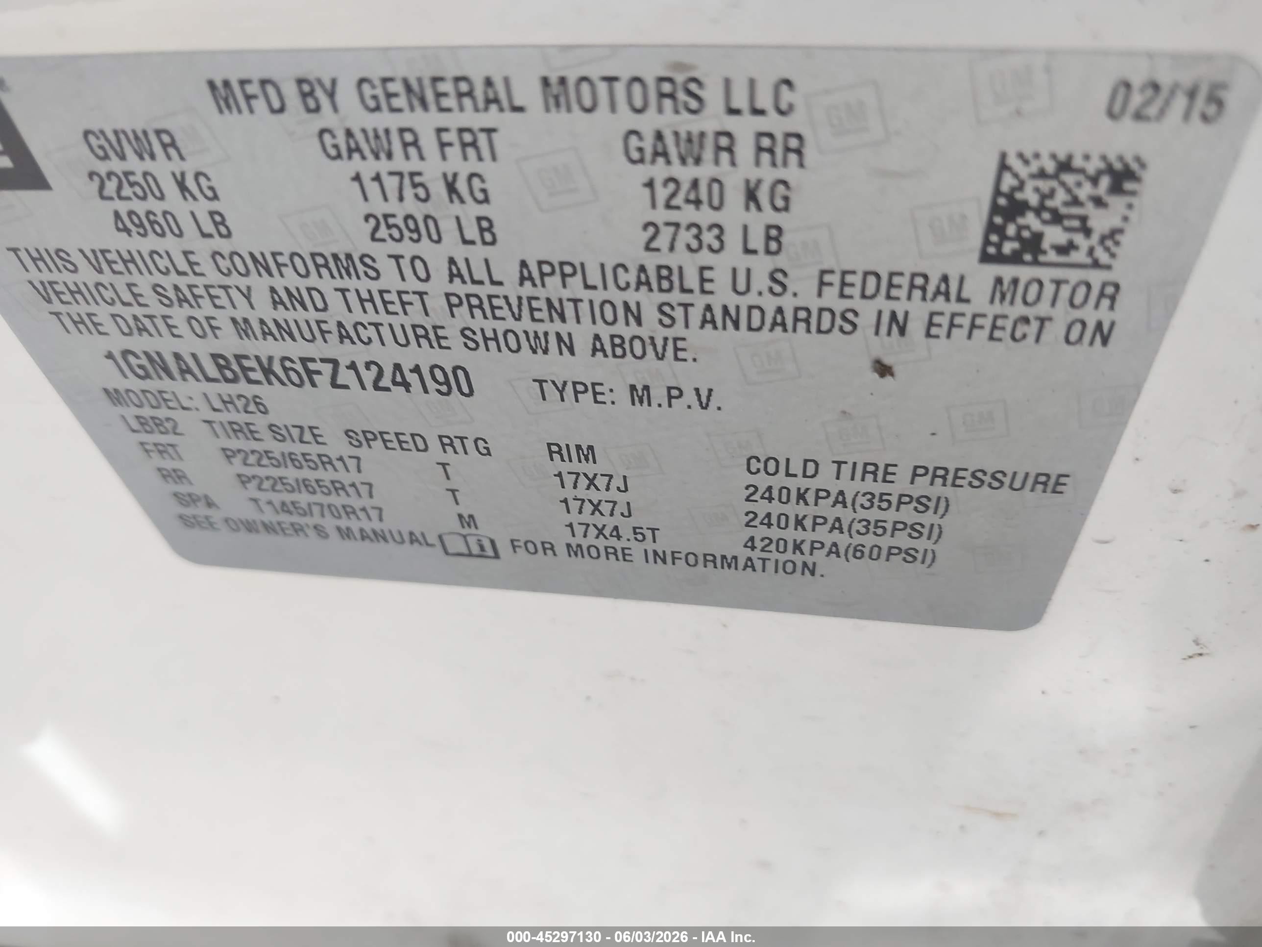 2015 Chevrolet Equinox 1lt Белый vin: 1GNALBEK6FZ124190