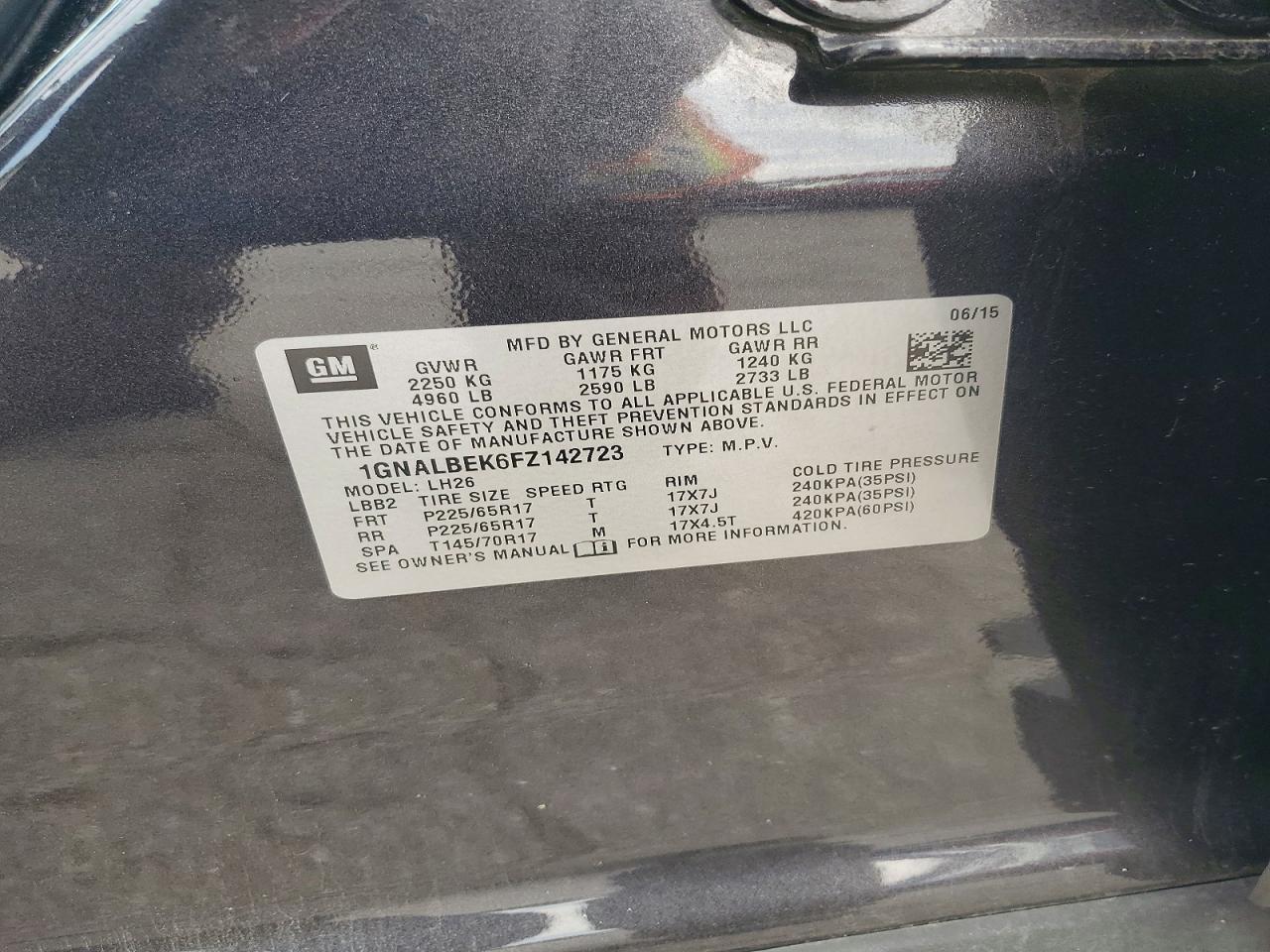 2015 Chevrolet Equinox Lt Charcoal vin: 1GNALBEK6FZ142723