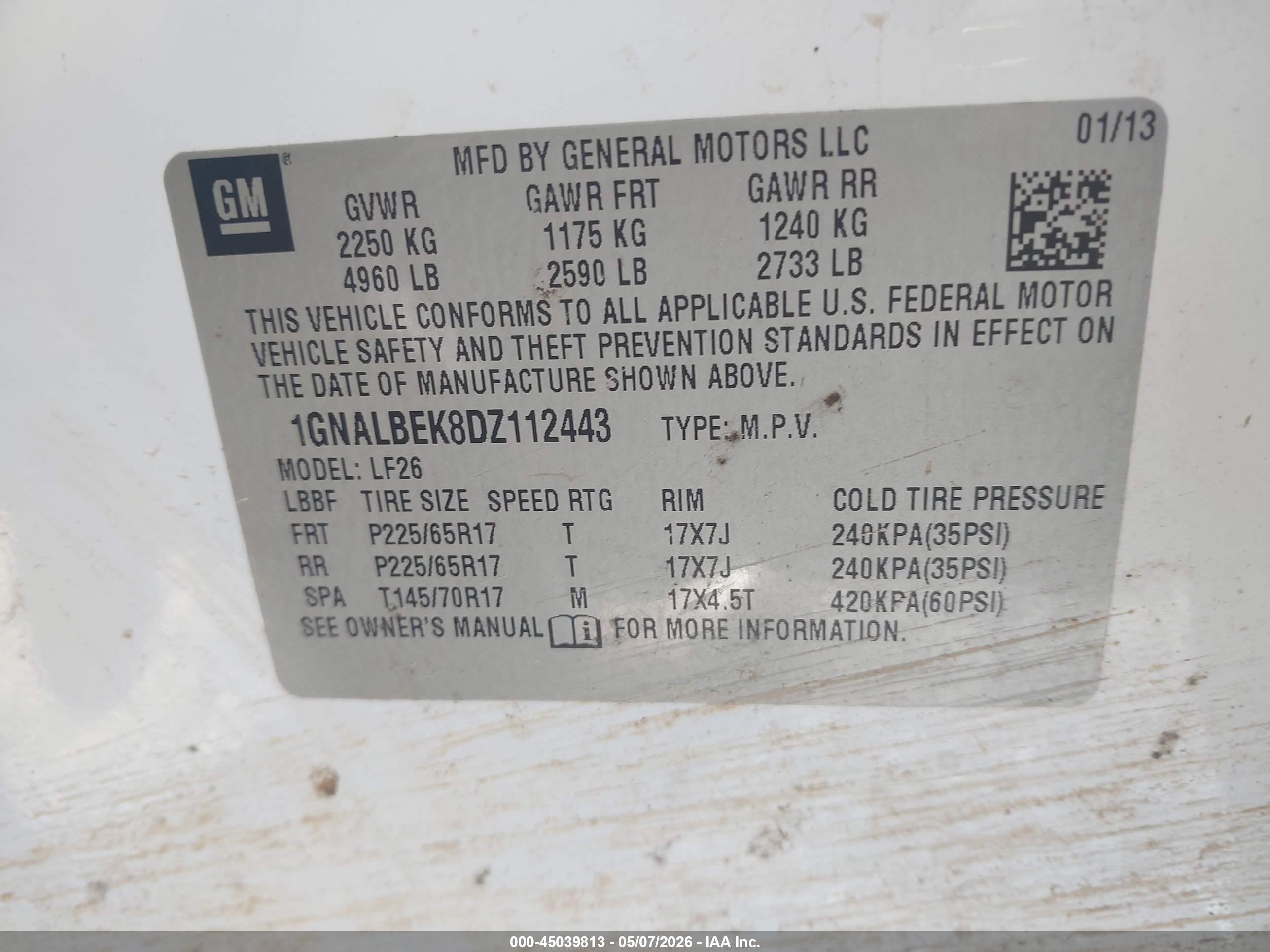 2013 Chevrolet Equinox Ls White vin: 1GNALBEK8DZ112443