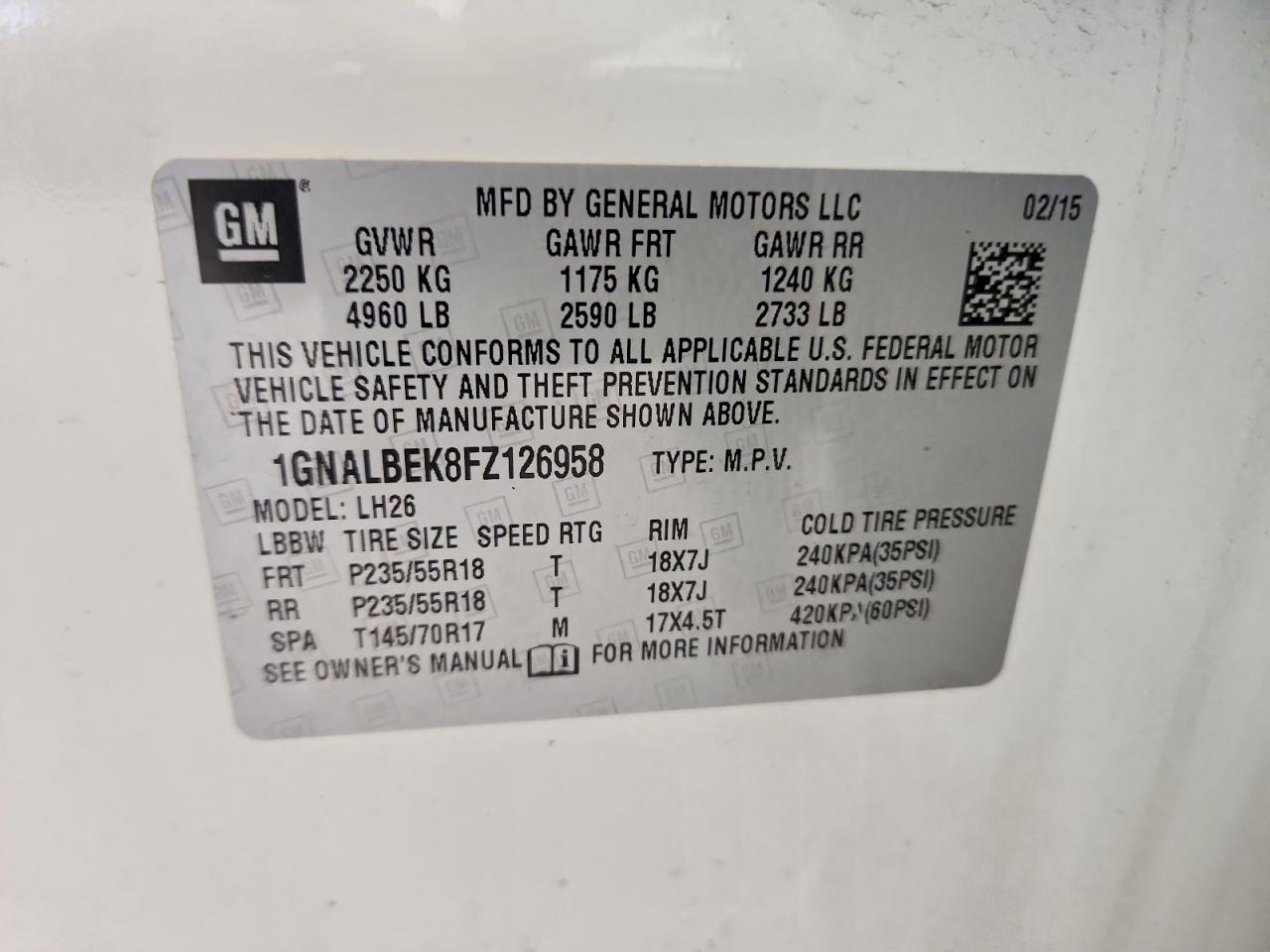 2015 Chevrolet Equinox Lt White vin: 1GNALBEK8FZ126958