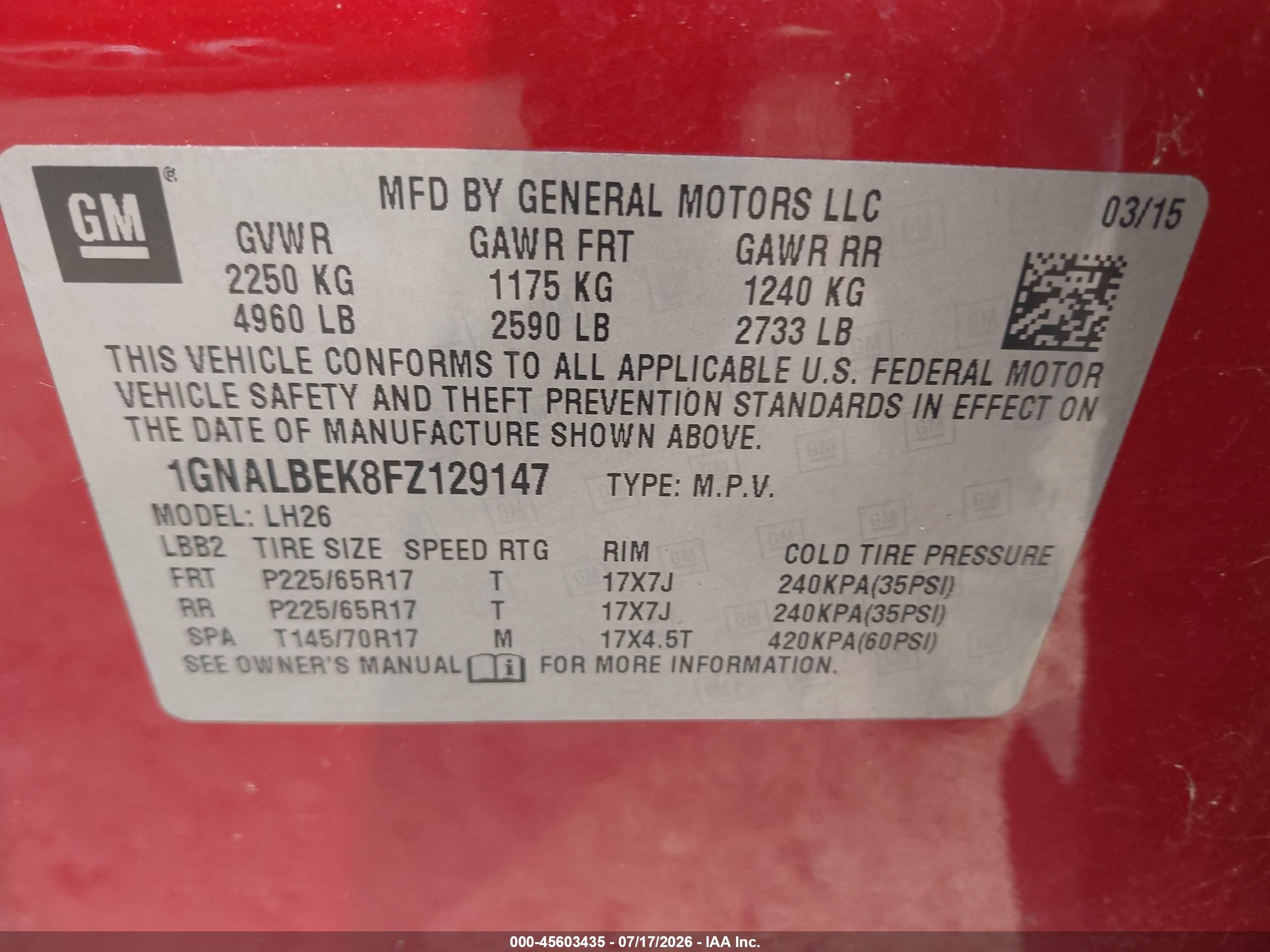2015 Chevrolet Equinox Lt Red vin: 1GNALBEK8FZ129147
